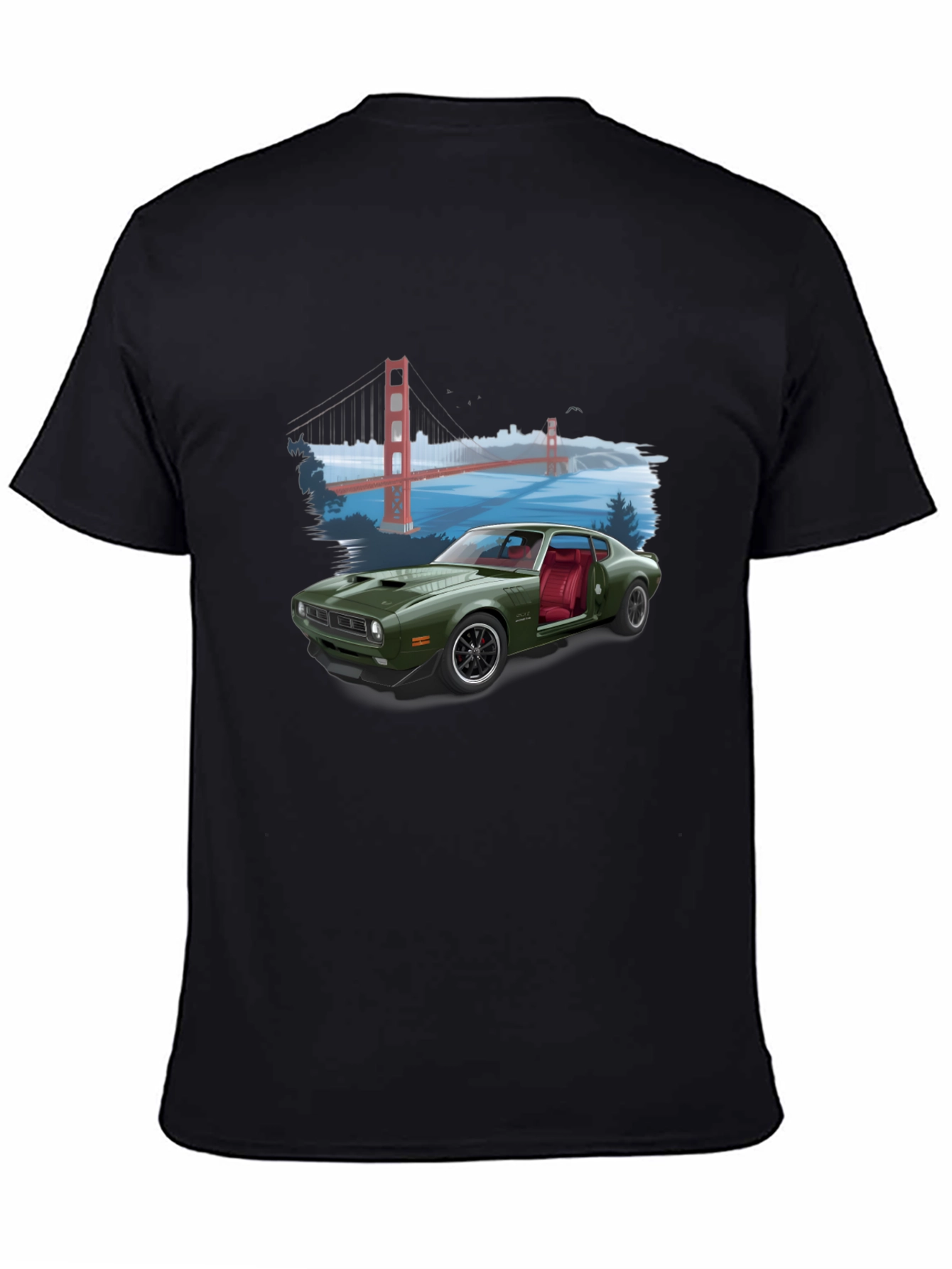 Black Retro Car & Bridge T-Shirt - Unique Graphic Tee view 4
