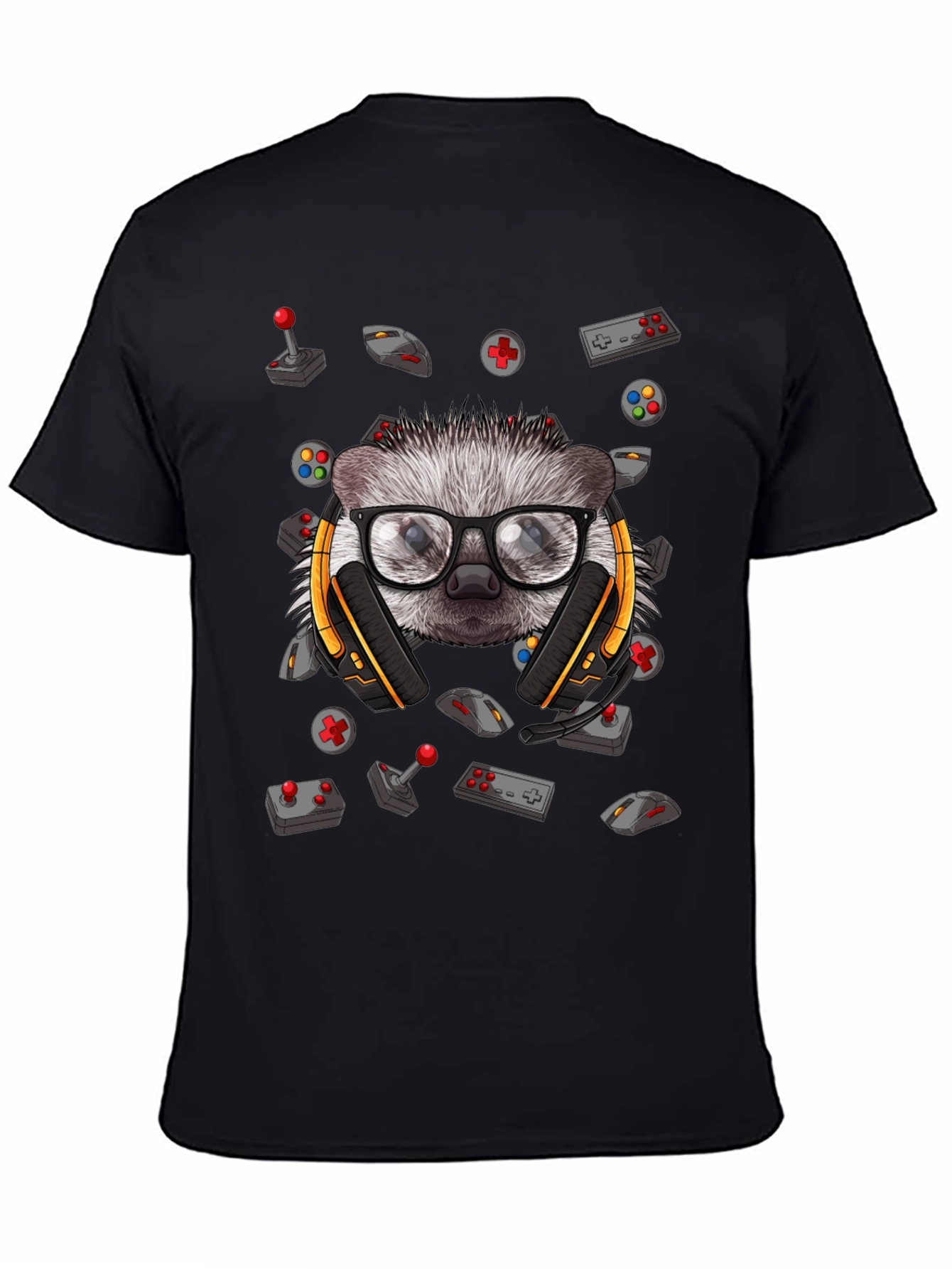 Black Gamer Hedgehog Graphic Tee - Black Cotton T-Shirt view 4