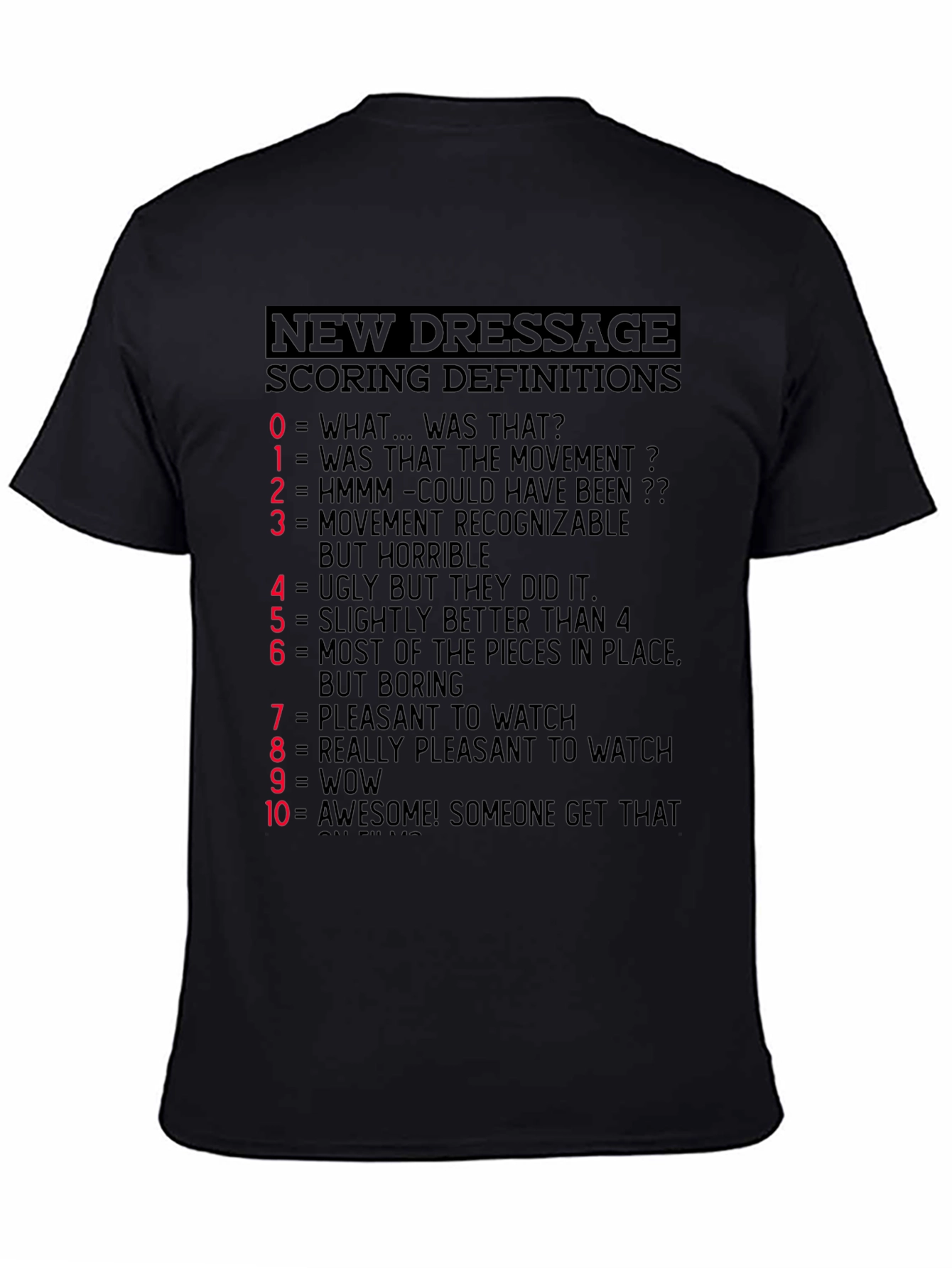 Black Dressage Scoring Definitions T-Shirt - Equestrian Humor Tee view 4