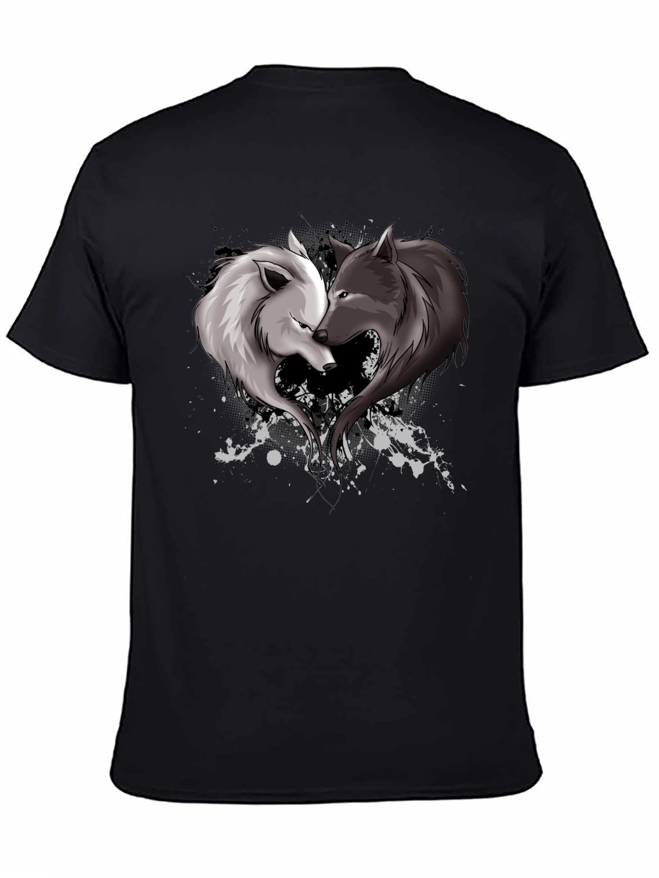 Black Yin Yang Wolves Heart Graphic T-Shirt view 4