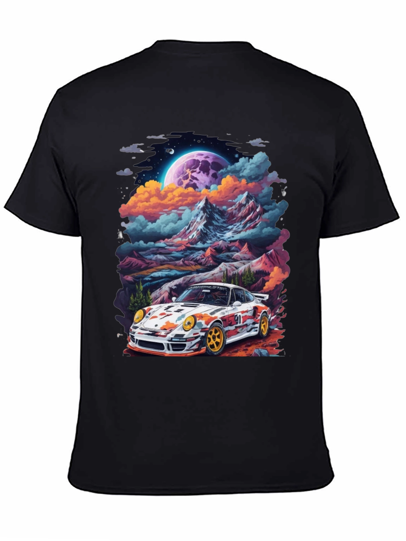 Black Retro Racer T-Shirt: Car & Mountain Design view 4