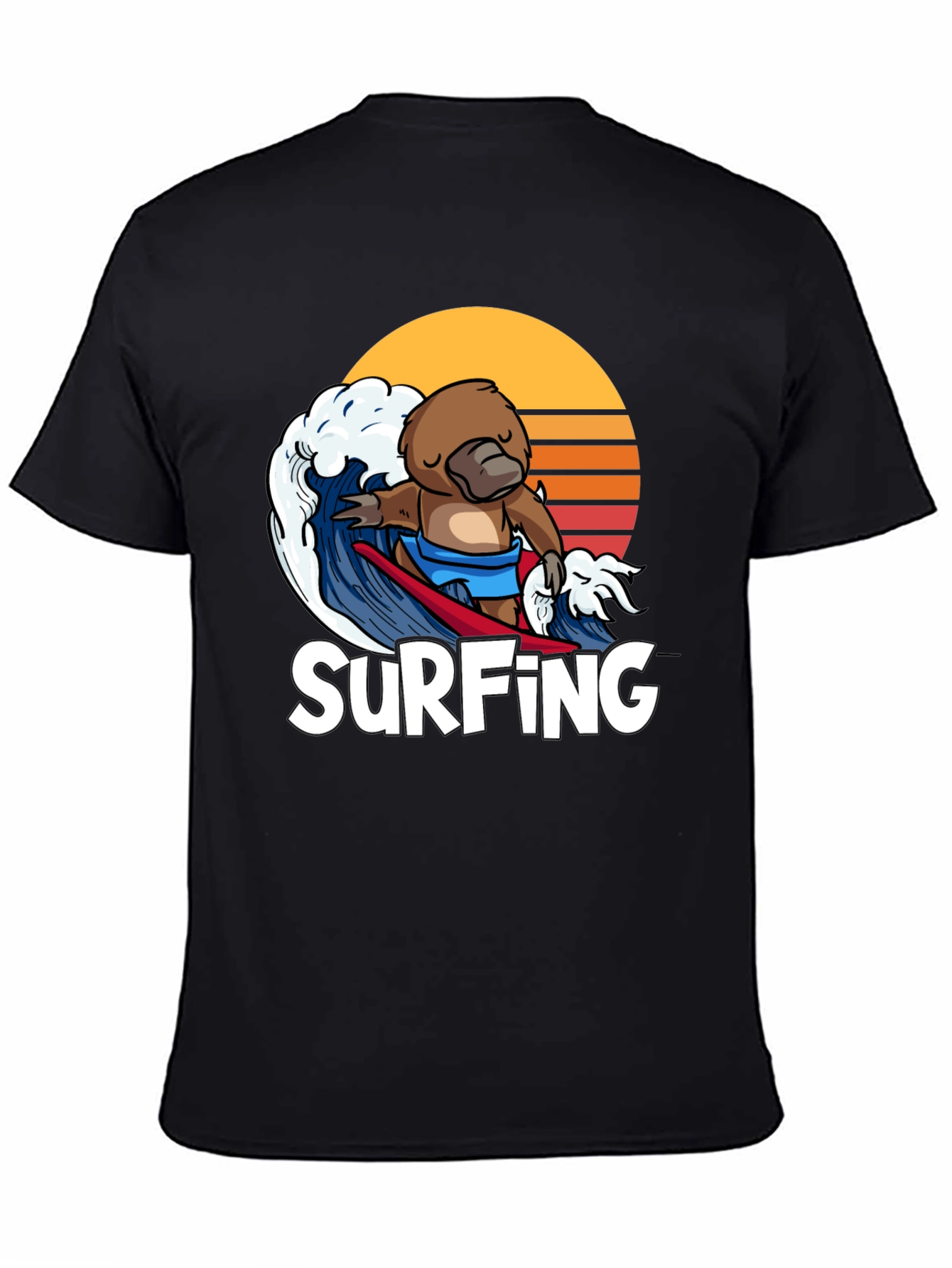Black Surfing Platypus T-Shirt - Retro Wave Design view 4