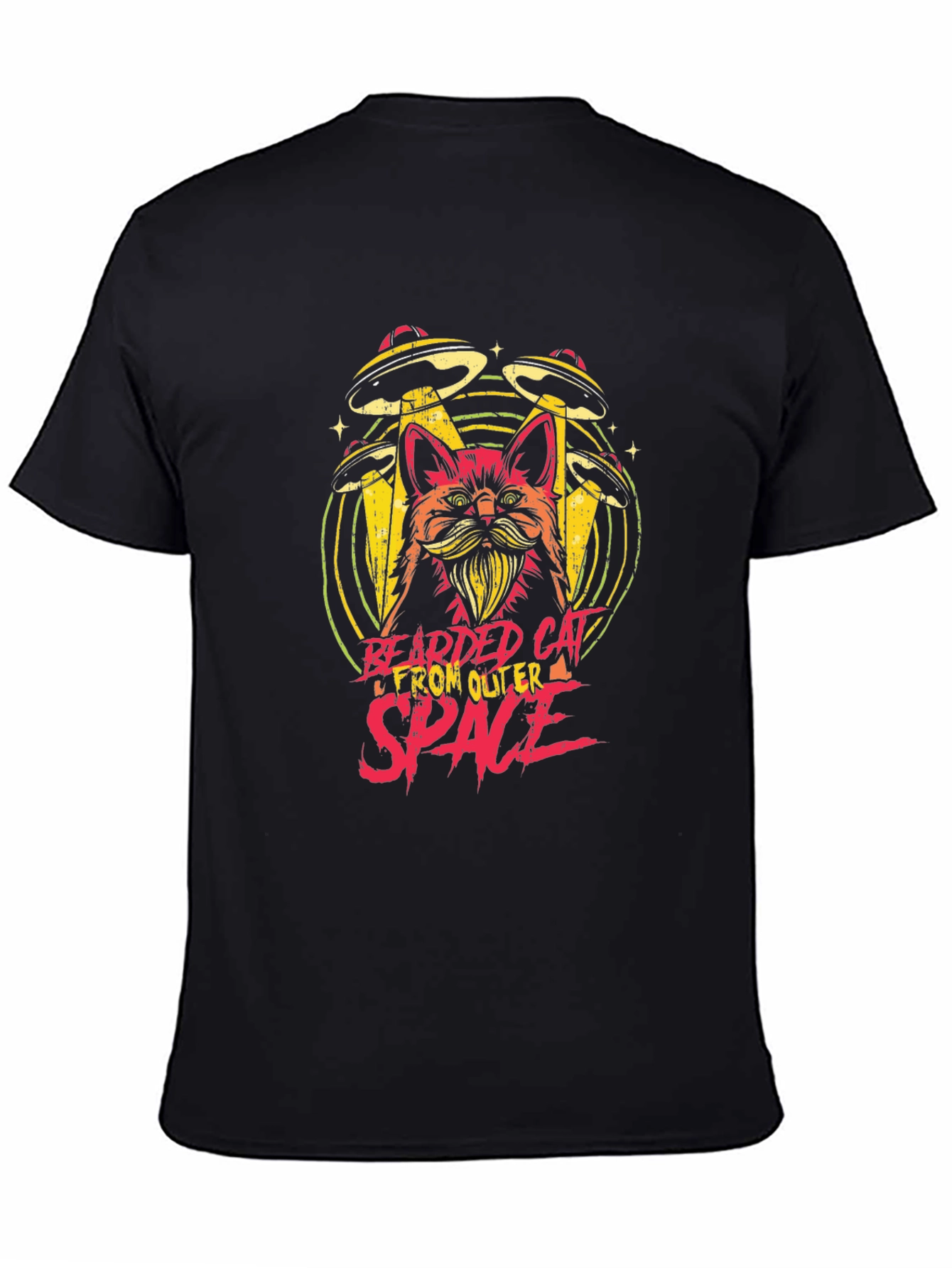 Black Bearded Cat From Outer Space Black T-Shirt view 4