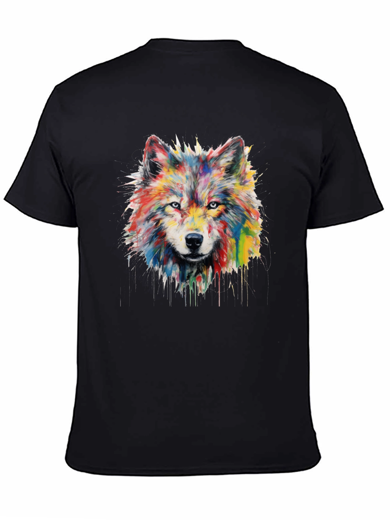 Black Colorful Watercolor Wolf Graphic Black T-Shirt view 4