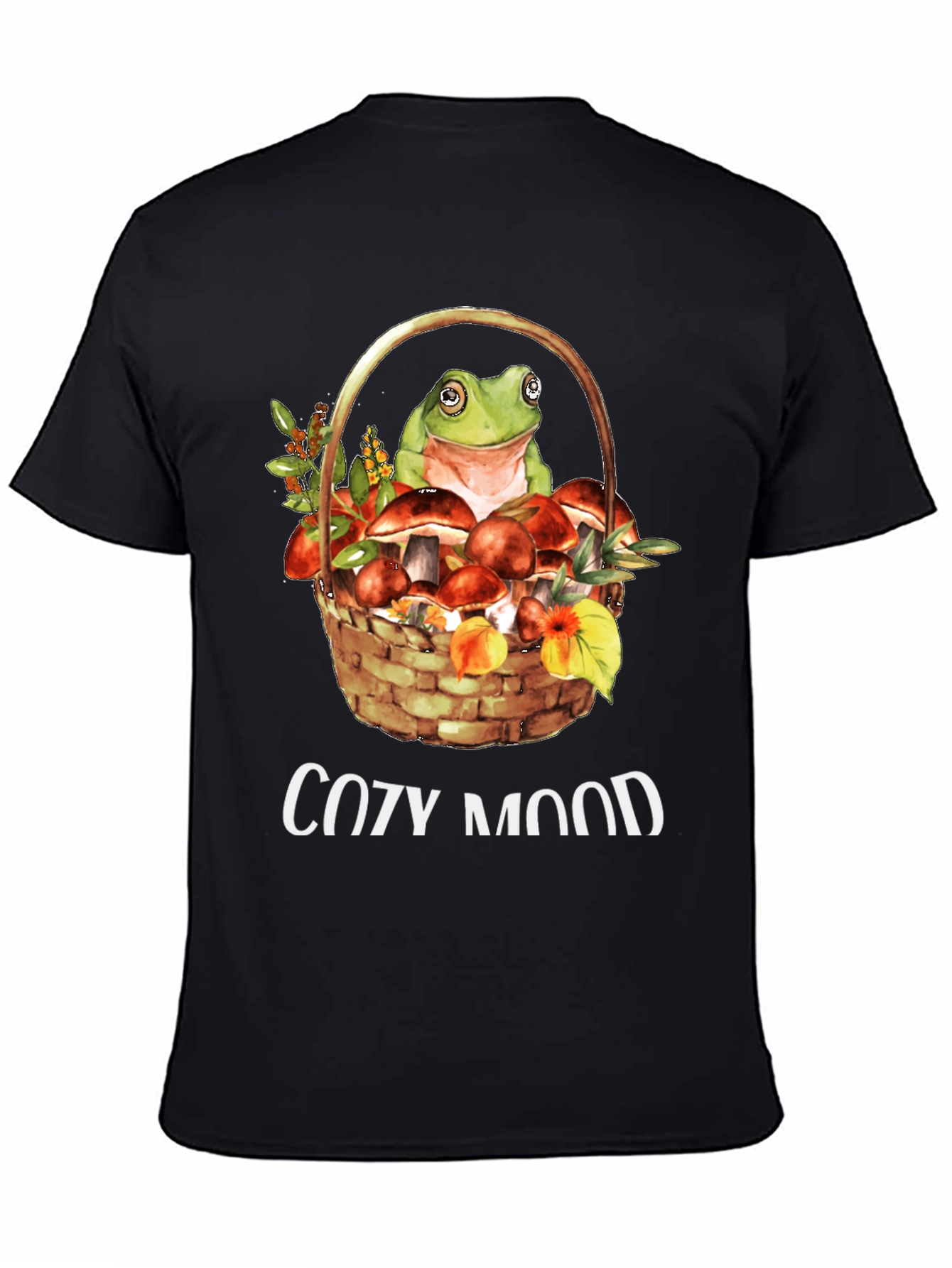 Black Cozy Mood Frog & Mushroom Basket T-Shirt view 4