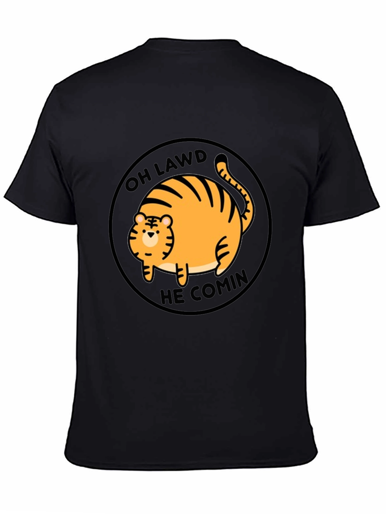 Black Oh Lawd He Comin' Cat T-Shirt - Funny Round Orange Tabby Tee view 4