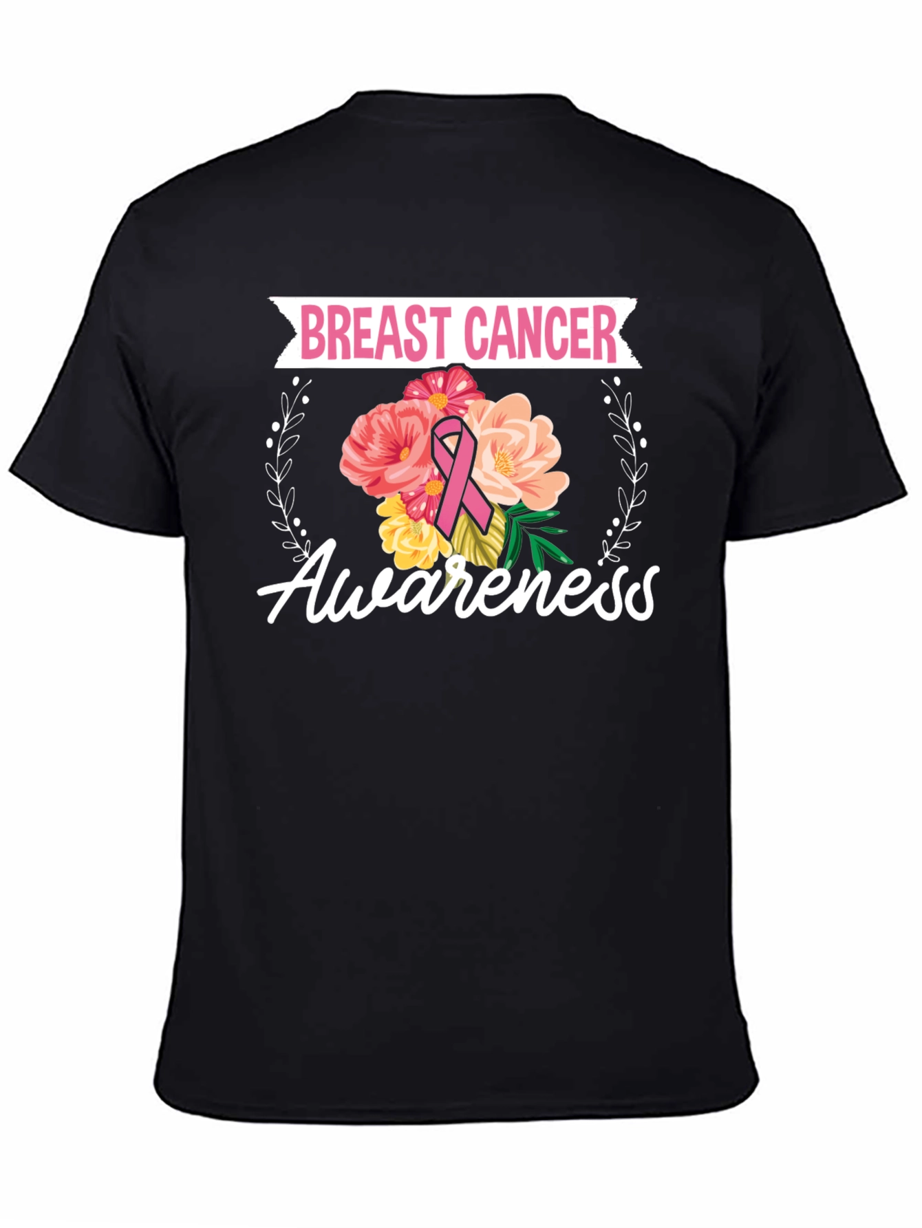 Black Breast Cancer Awareness Floral T-Shirt view 4