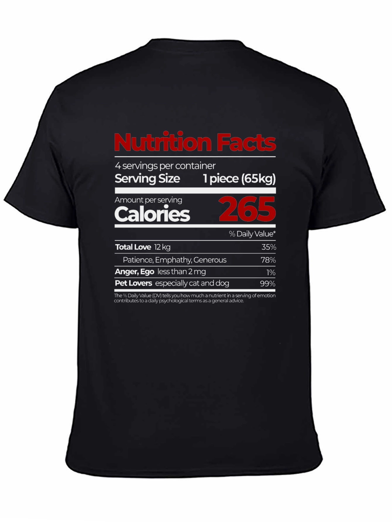 Black Nutrition Facts T-Shirt - Love, Patience, Pet Lovers view 4