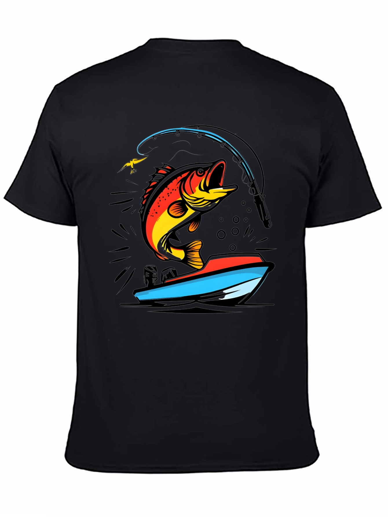Black Fishing T-Shirt: Bass Jumping From Boat view 4