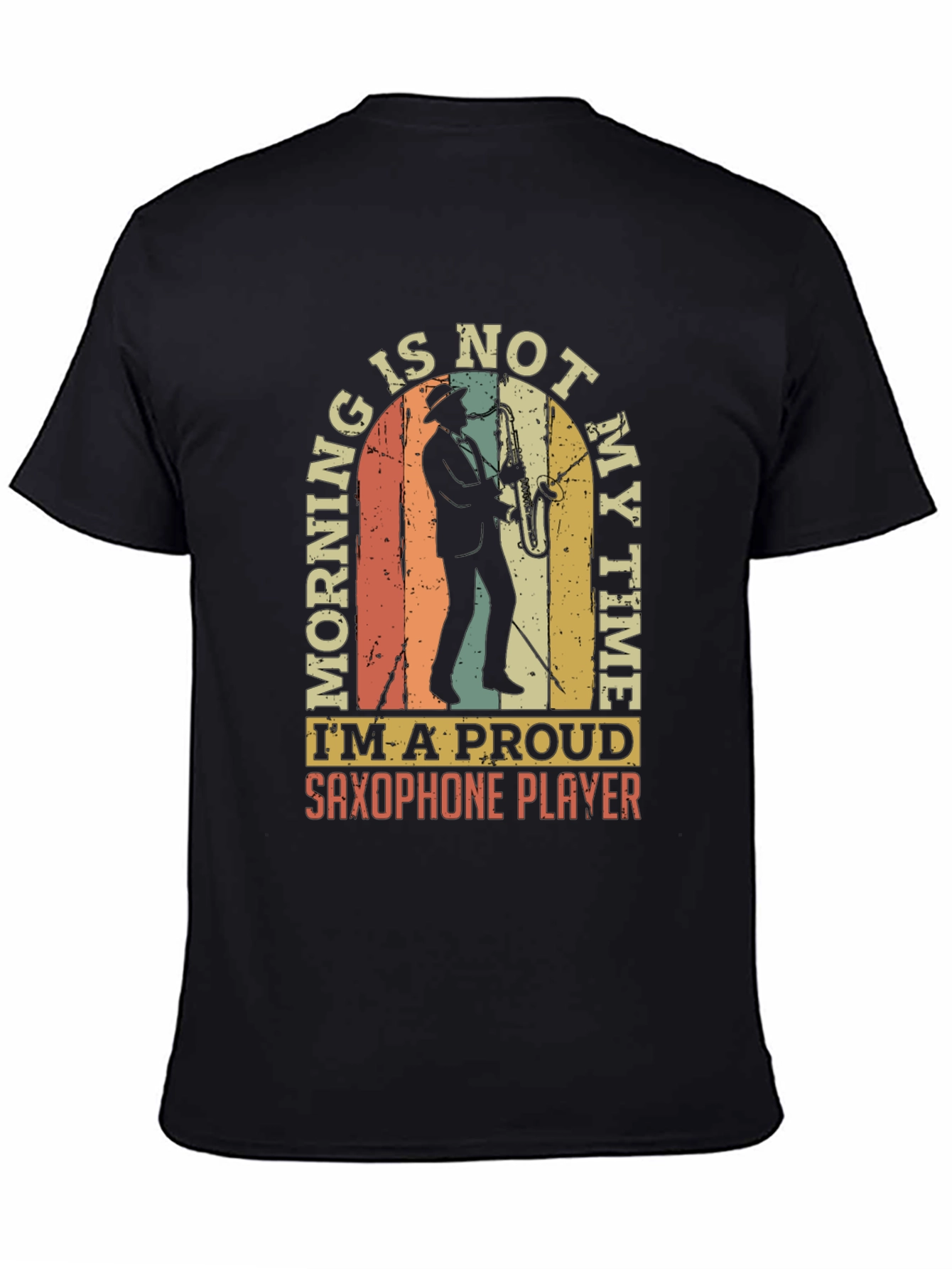 Black Saxophone Player T-Shirt - Morning is Not My Time! view 4