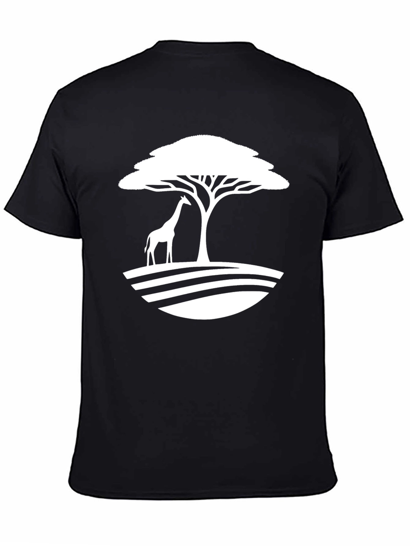 Giraffe Savannah Tree Graphic Tee - Black Cotton Casual Shirt - 4
