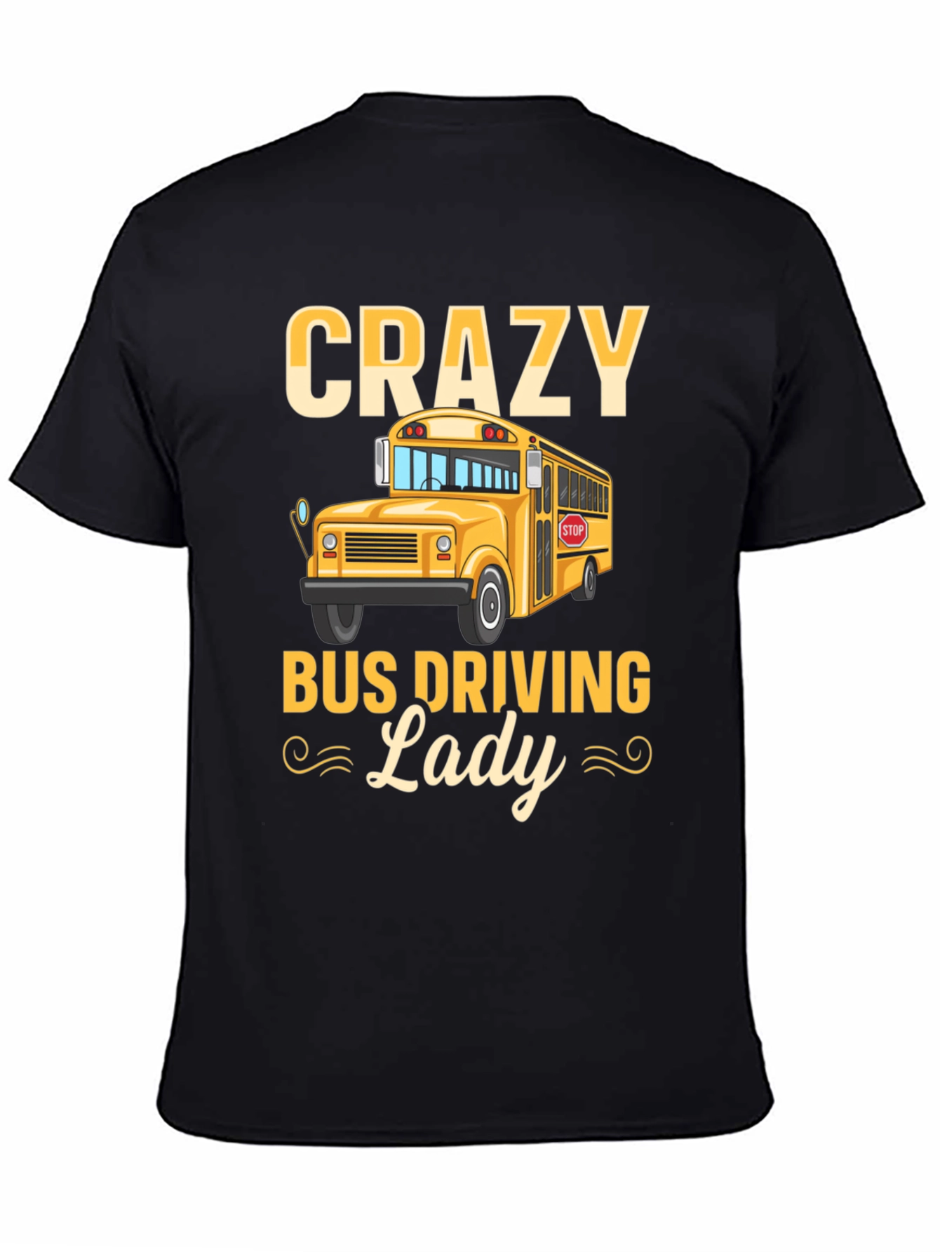 Black Crazy Bus Driving Lady T-Shirt - Black view 4