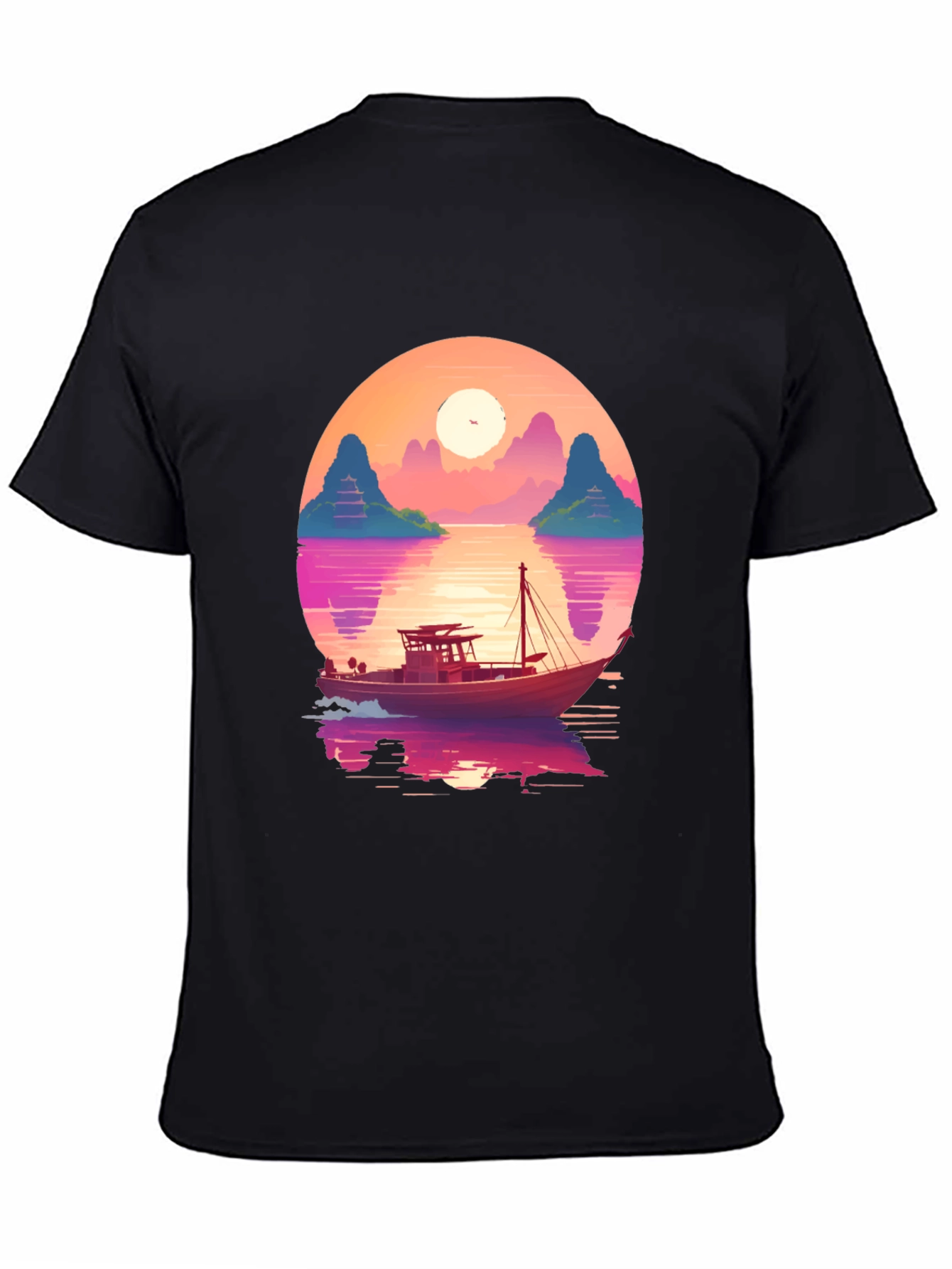 Black Sunset Boat Graphic Tee - Retro Style view 4