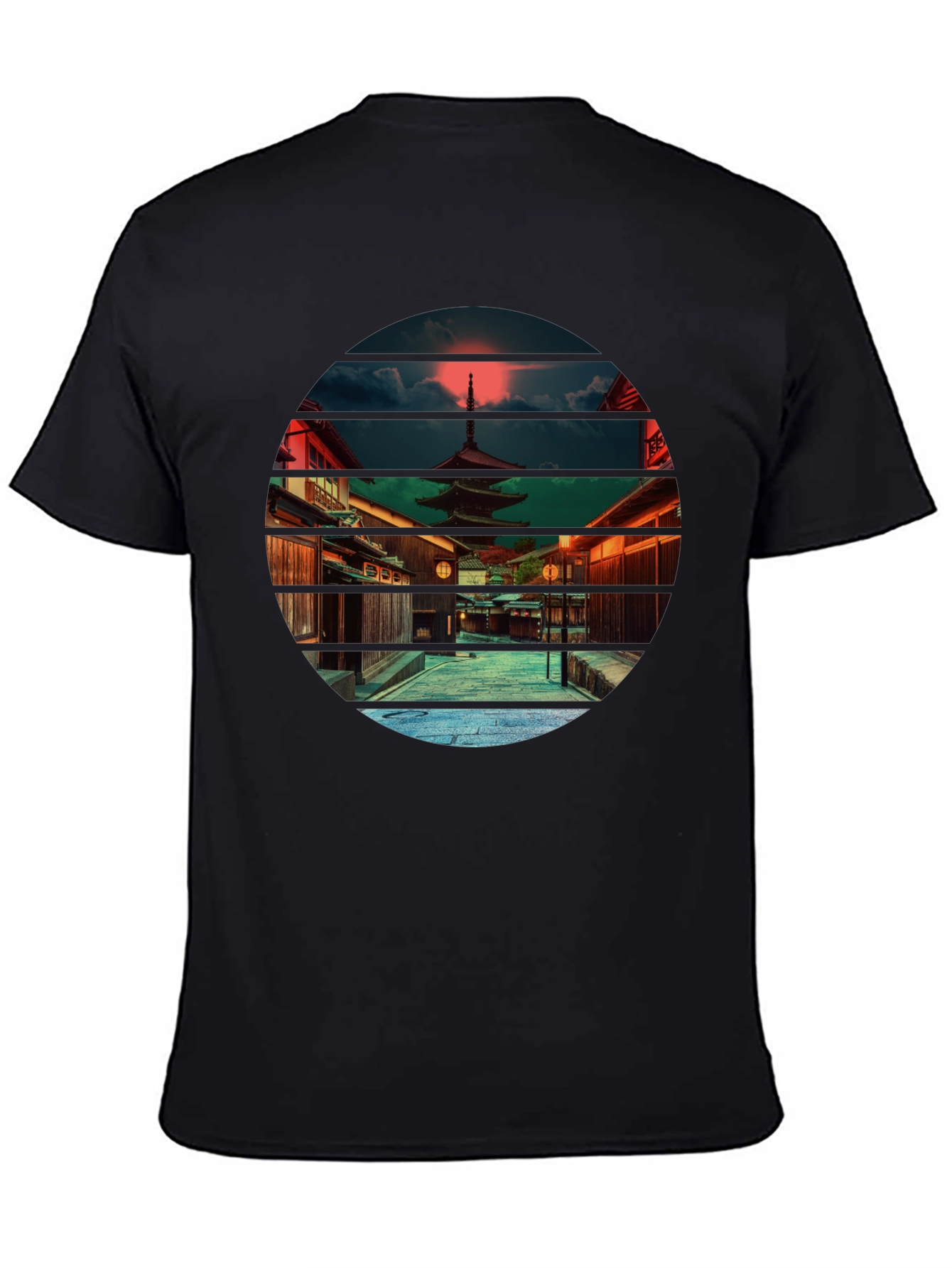 Black Japanese Temple Sunset Black T-Shirt view 4