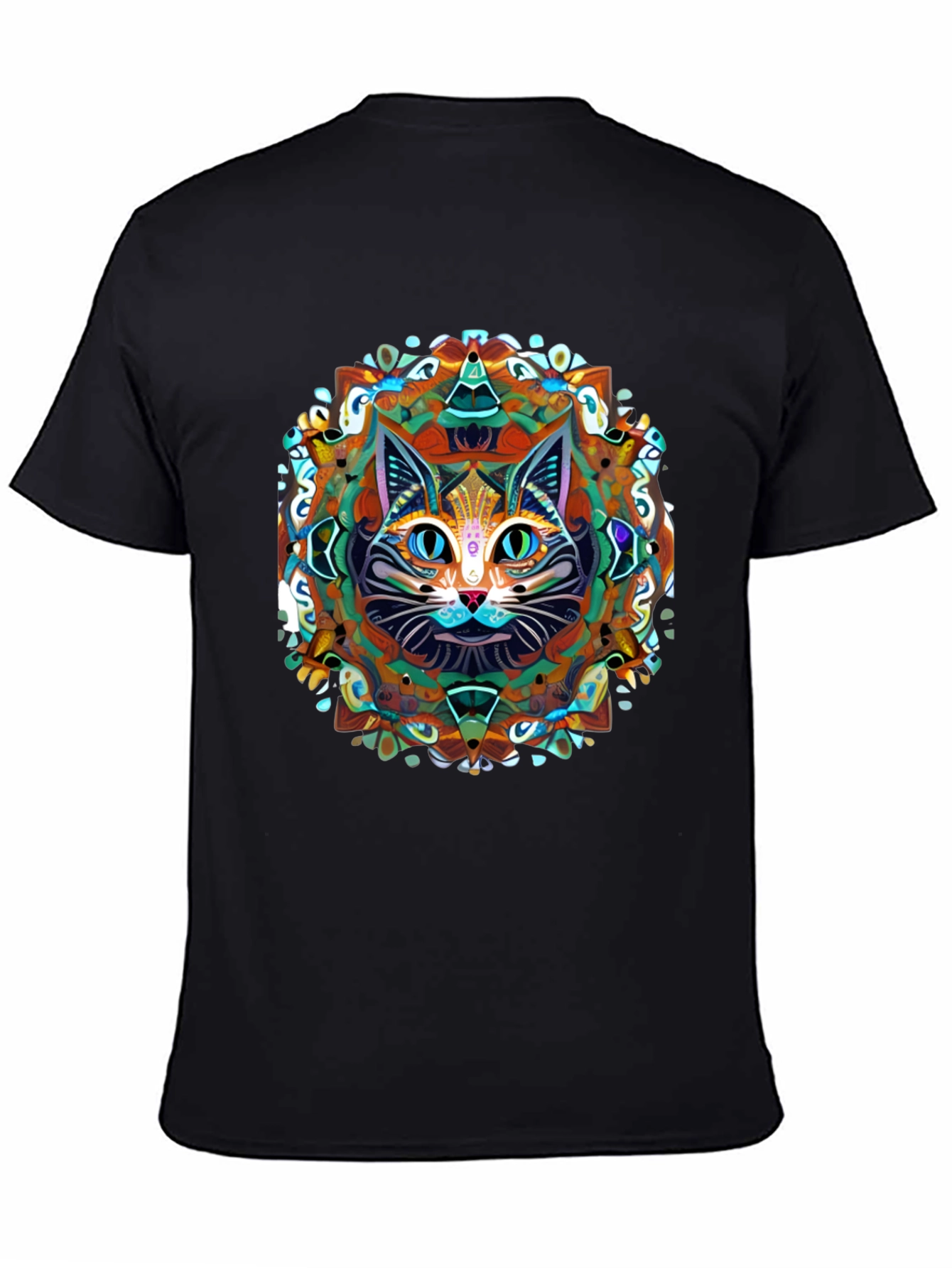 Black Psychedelic Cat Mandala T-Shirt view 4
