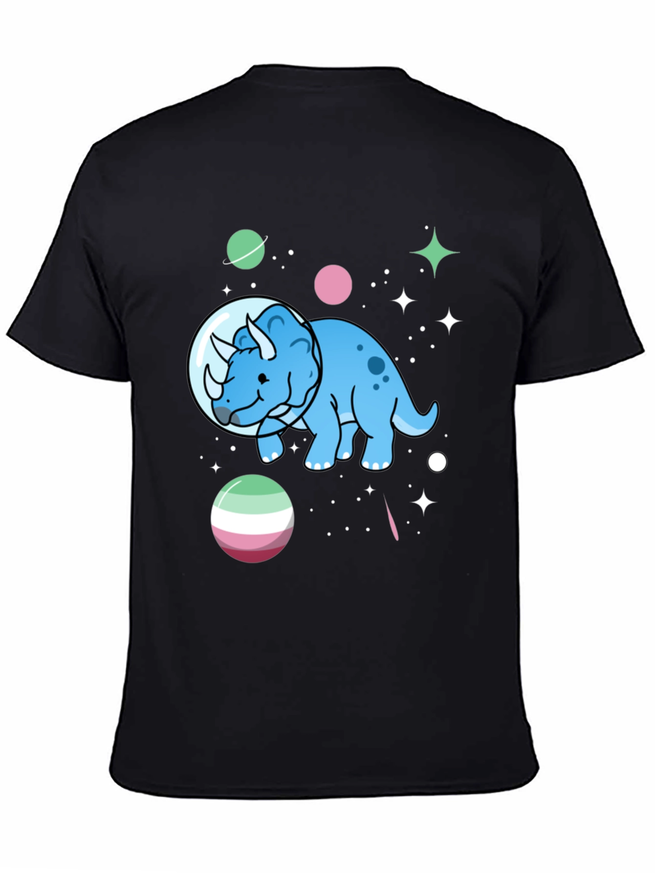 Black Dino in Space T-Shirt - Triceratops Astronaut view 4