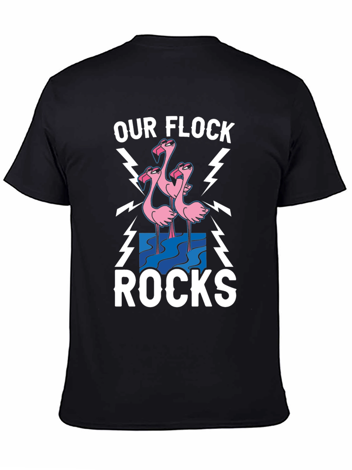 Black Our Flock Rocks T-Shirt - Pink Flamingo Design view 4