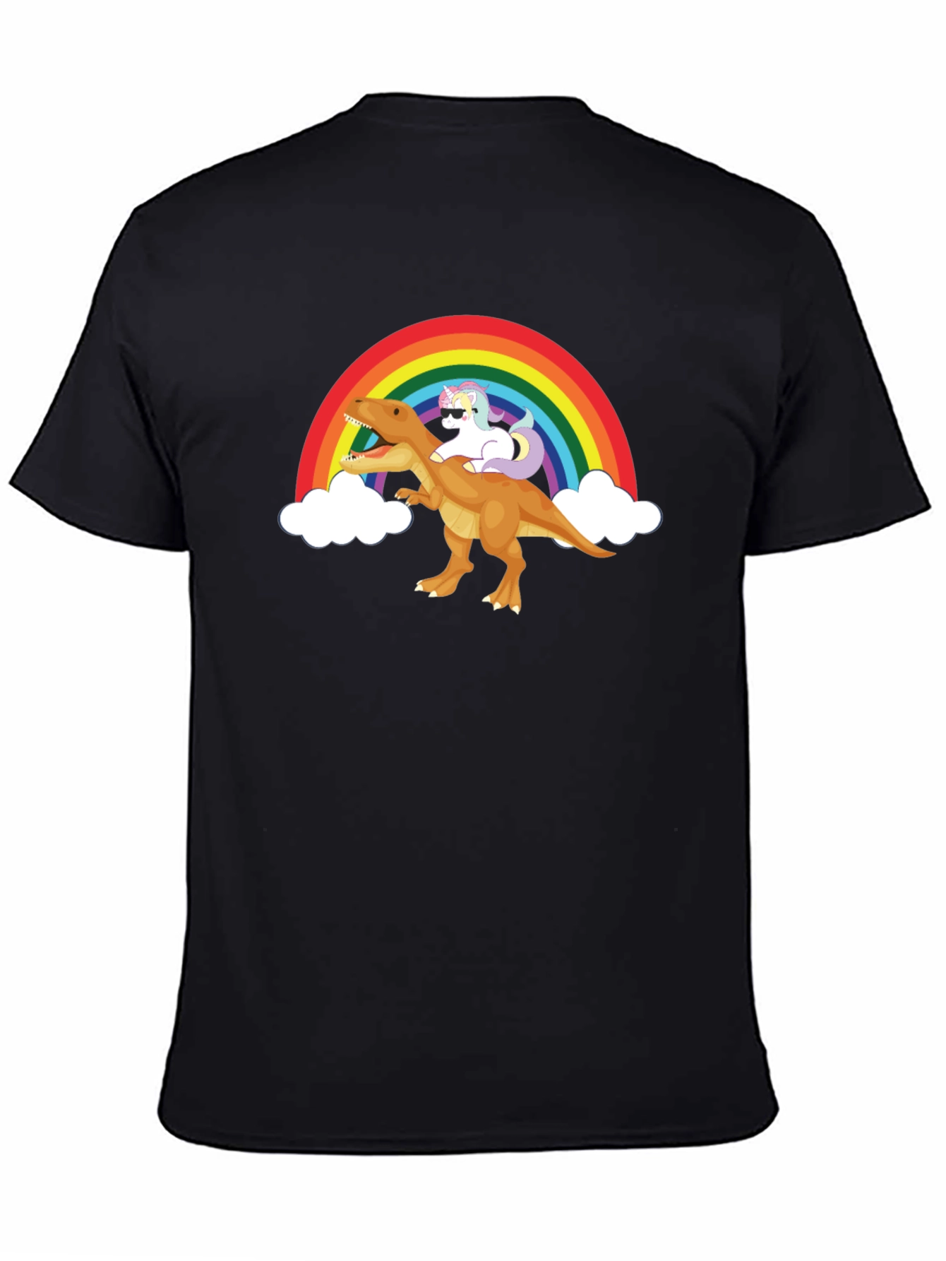 Black Rainbow Unicorn Riding Dinosaur Graphic Tee view 4