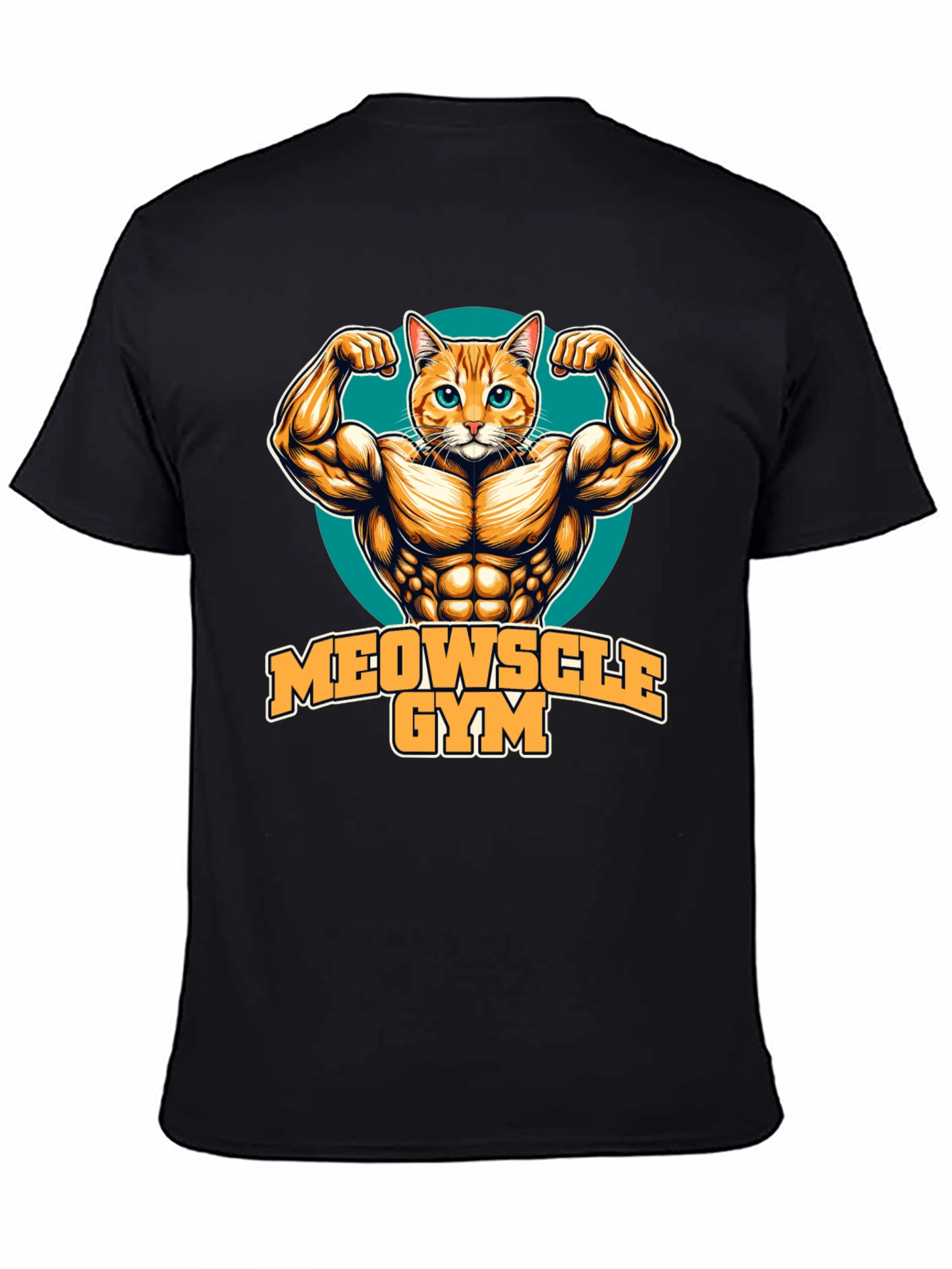 Black Meowscle Gym Black T-Shirt - Muscle Cat Design view 4