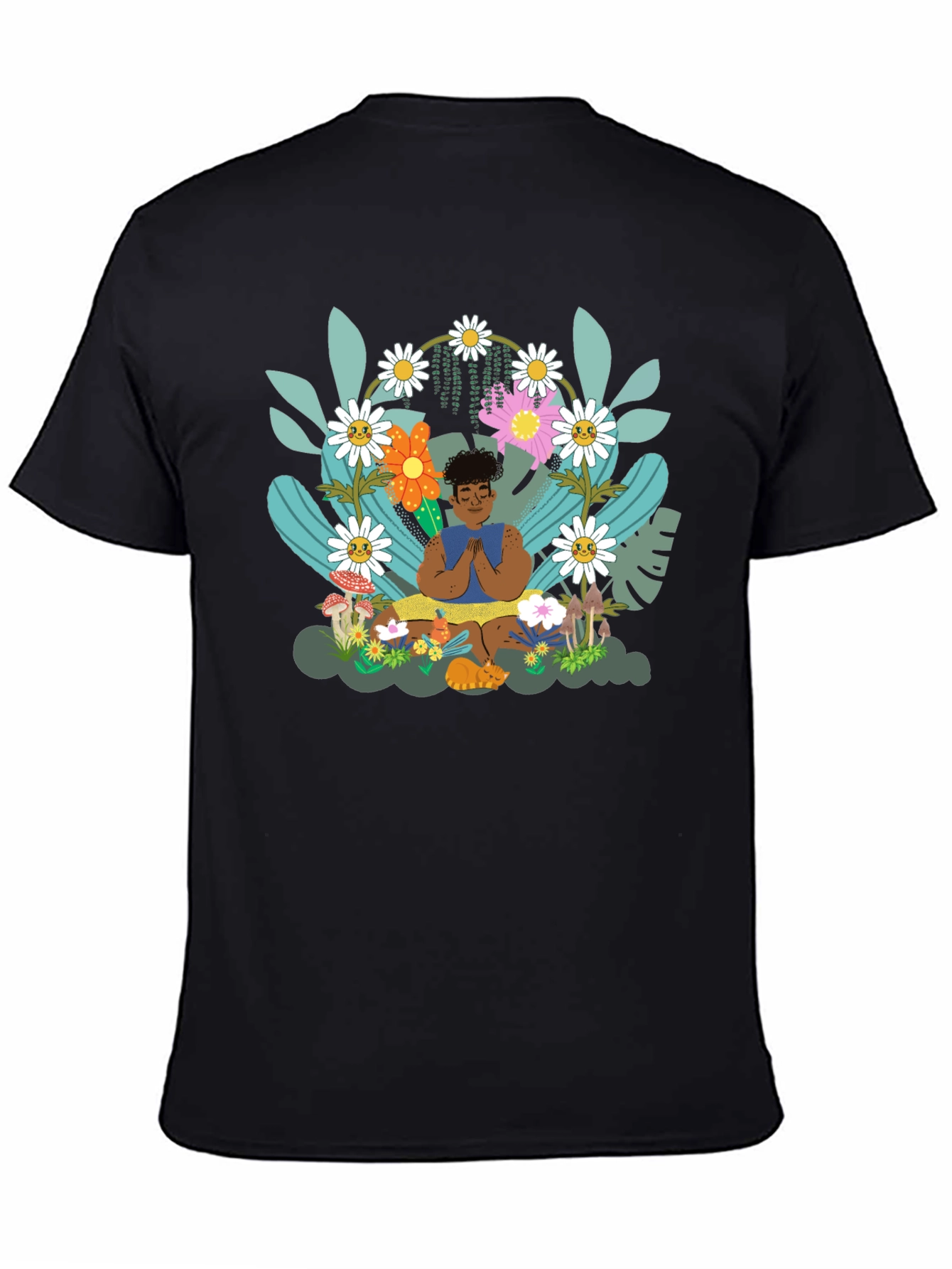 Black Zen Garden T-Shirt - Meditating Figure with Floral Design view 4