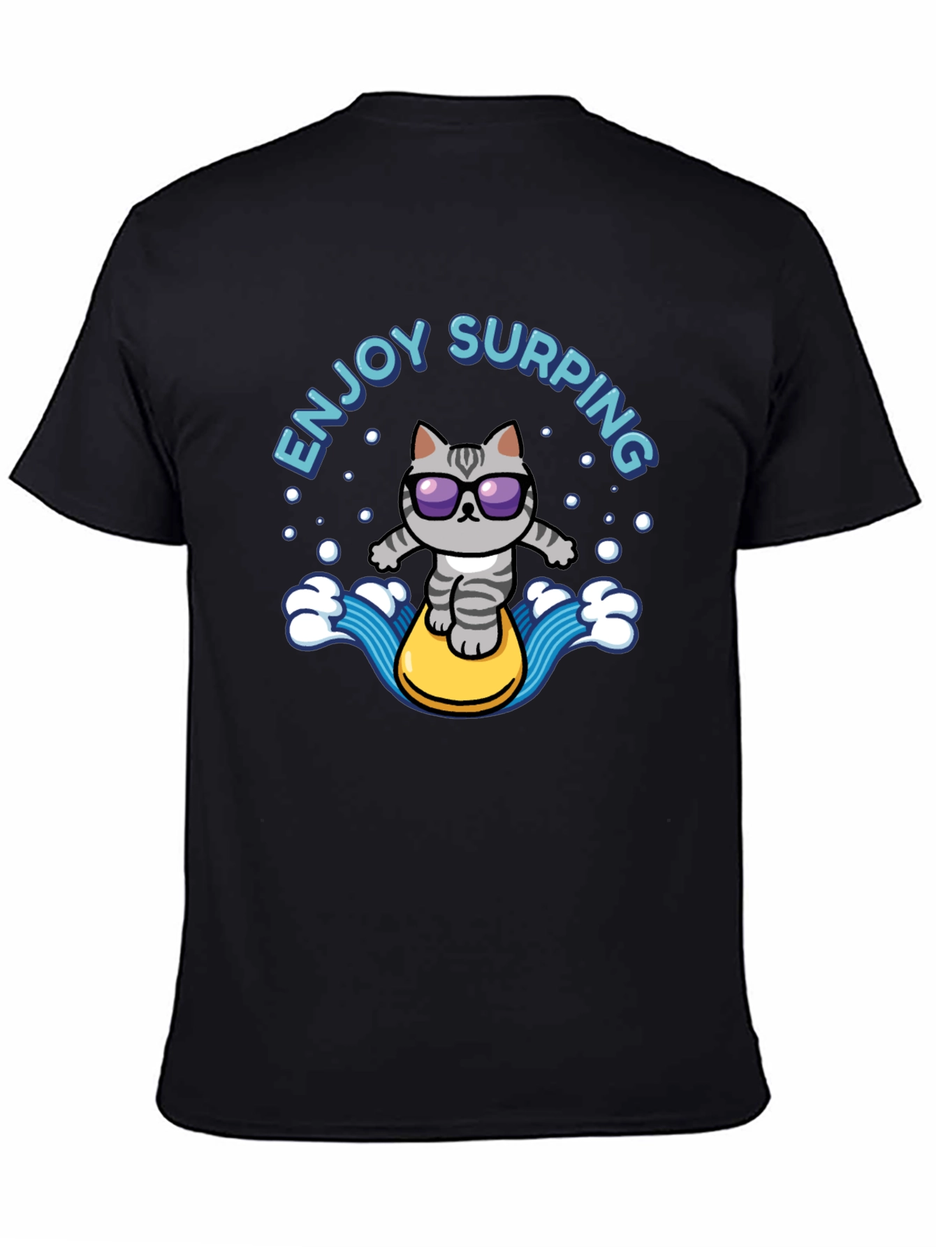 Black Enjoy Surfing Cat T-Shirt - Cool Black Tee view 4