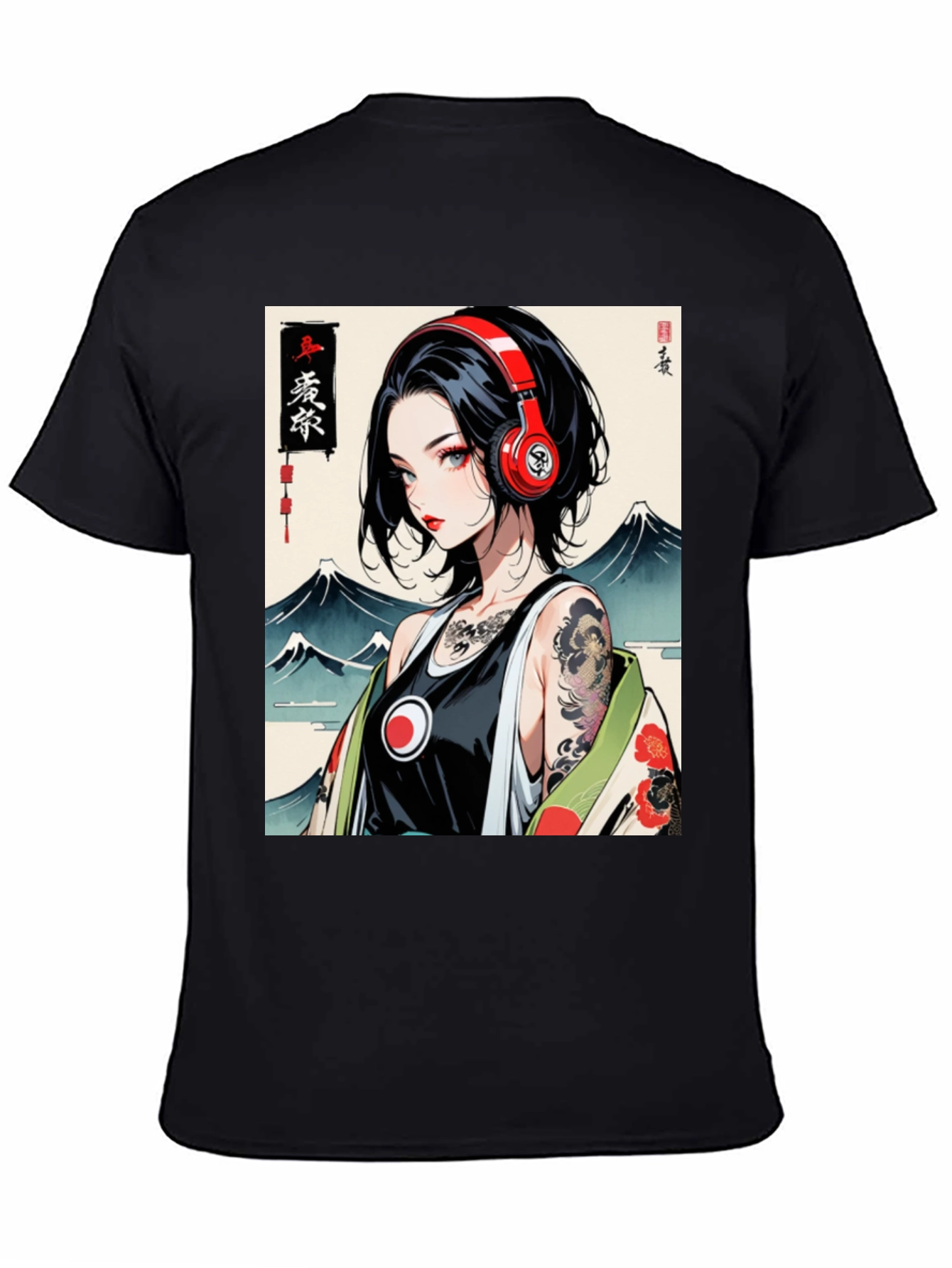 Black Anime Girl Headphones Graphic Black T-Shirt view 4