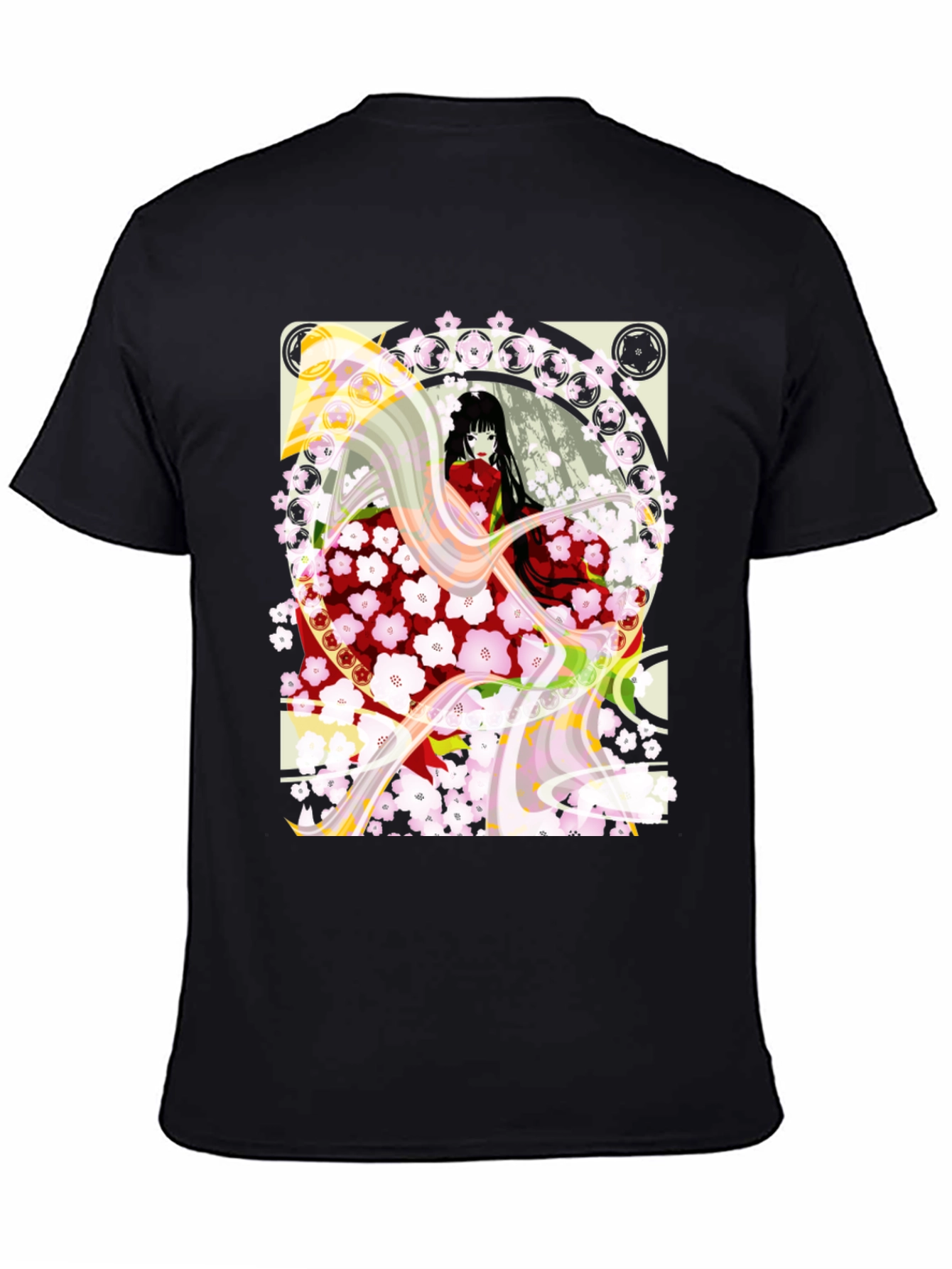 Anime Girl Cherry Blossom Black T-Shirt - 4