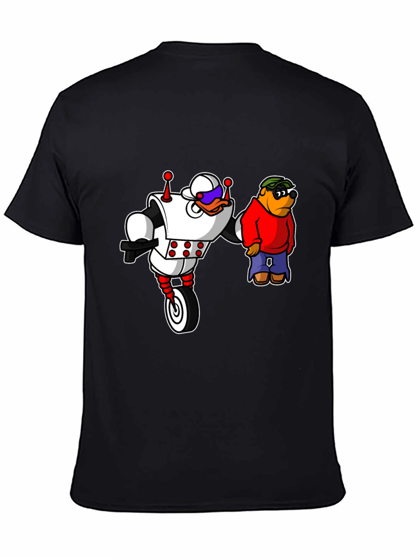 Black Robot Duck and Cartoon Bear Graphic T-Shirt view 4