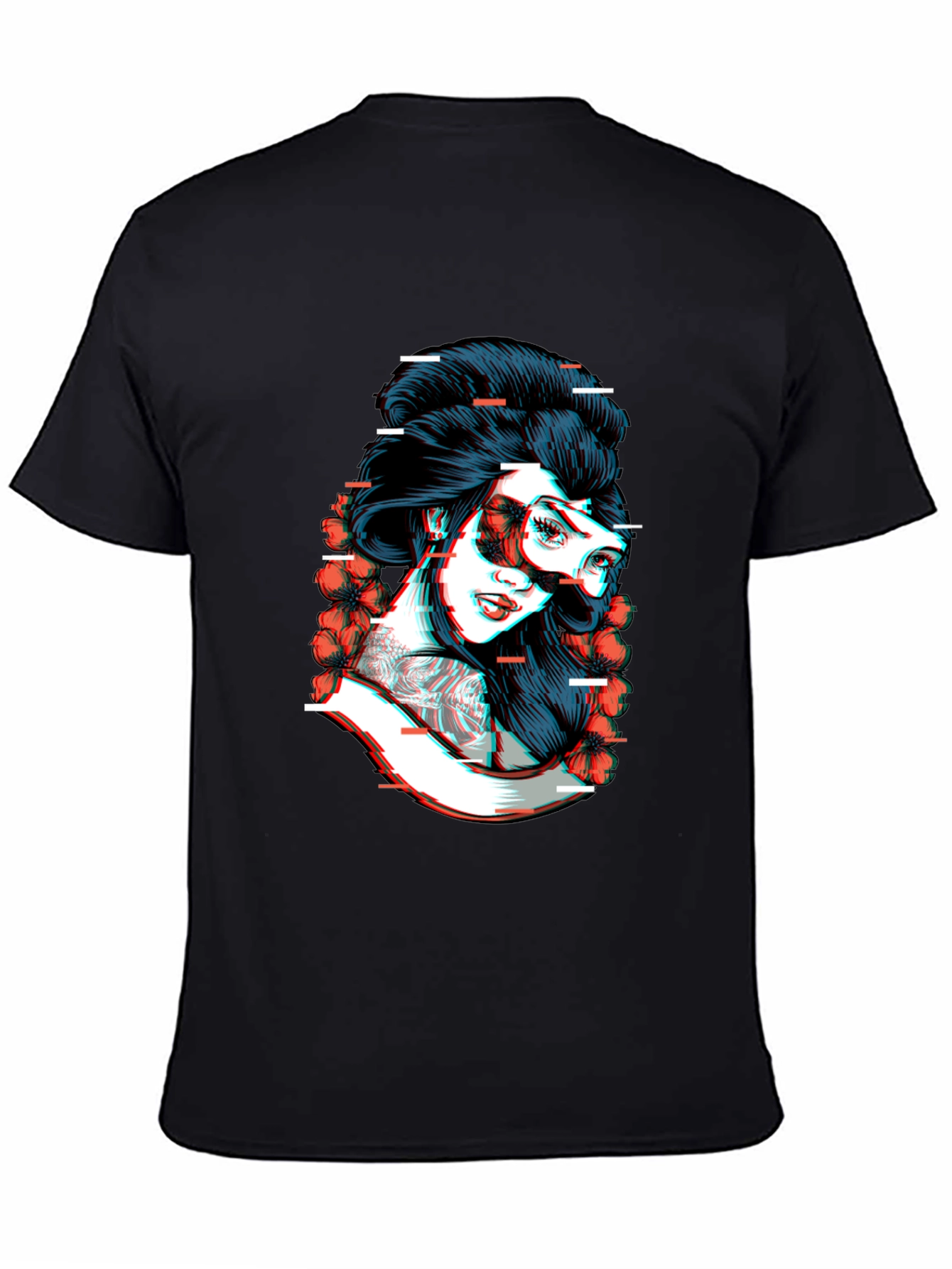 Black Glitch Geisha Graphic Tee - Black Cotton T-Shirt view 4