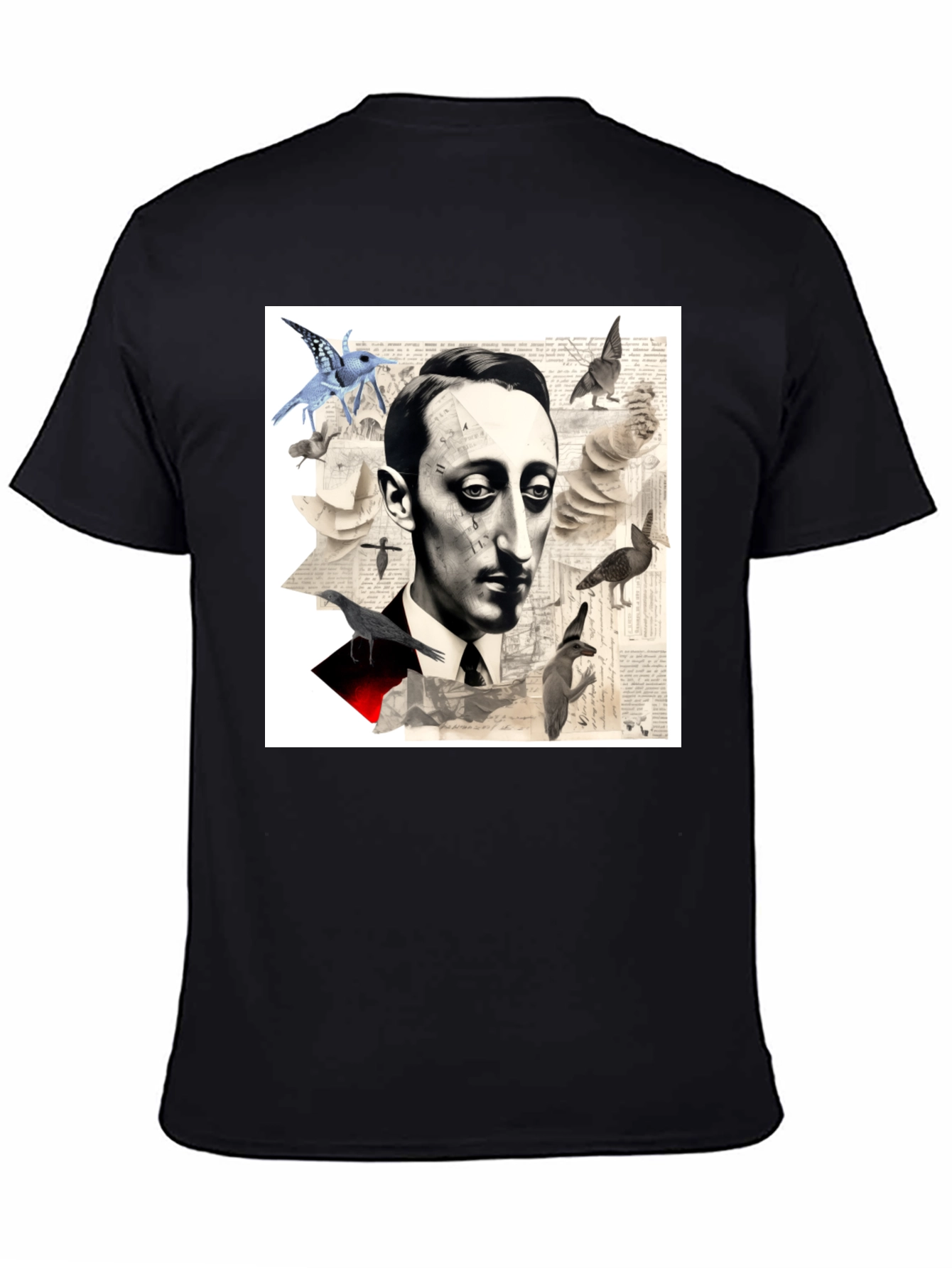 Black Surrealist Literary T-Shirt: Portrait with Birds view 4
