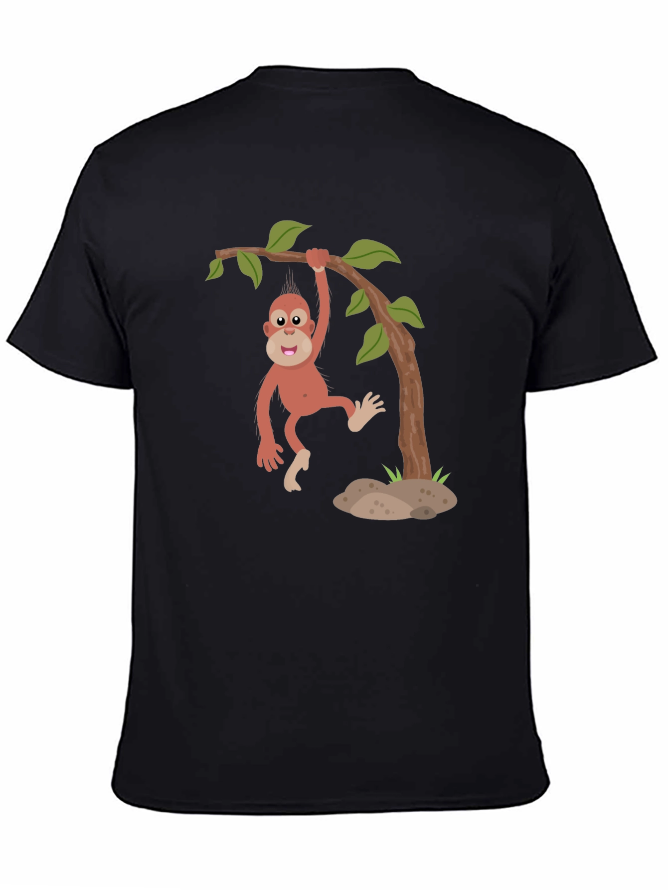 Cartoon Monkey Hanging from Tree Black T-Shirt - 4