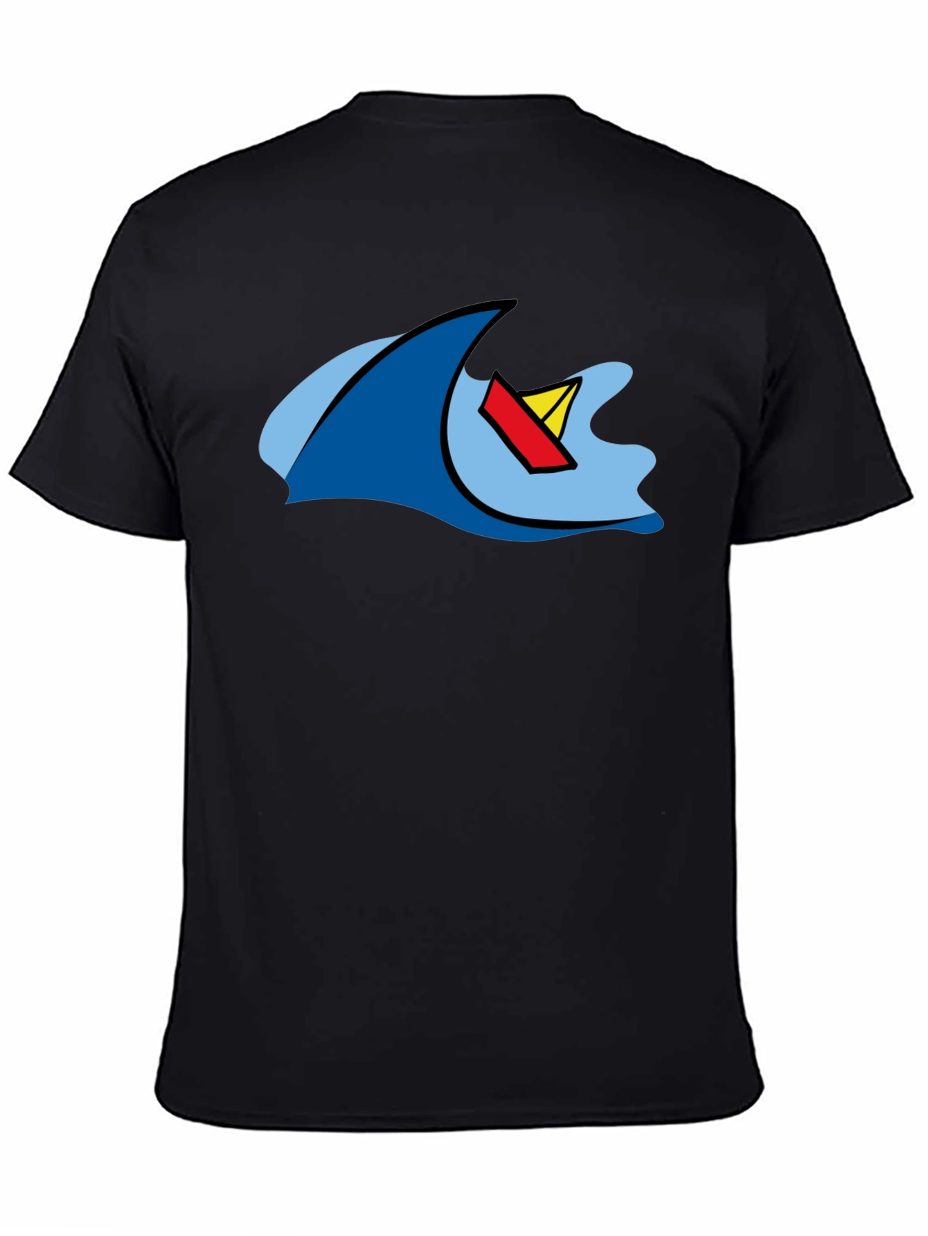 Black Cartoon Wave & Boat Black T-Shirt view 4