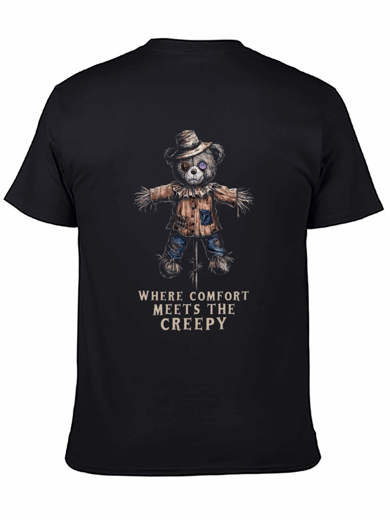 Black Creepy Comfort T-Shirt - Scarecrow Bear Design view 4