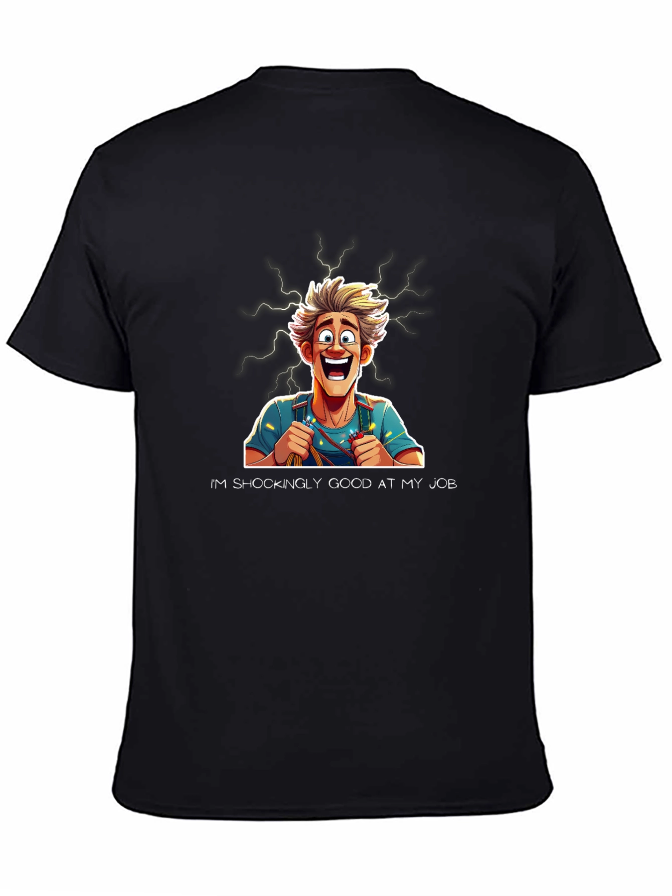 Black Funny Electrician Cartoon T-Shirt view 4