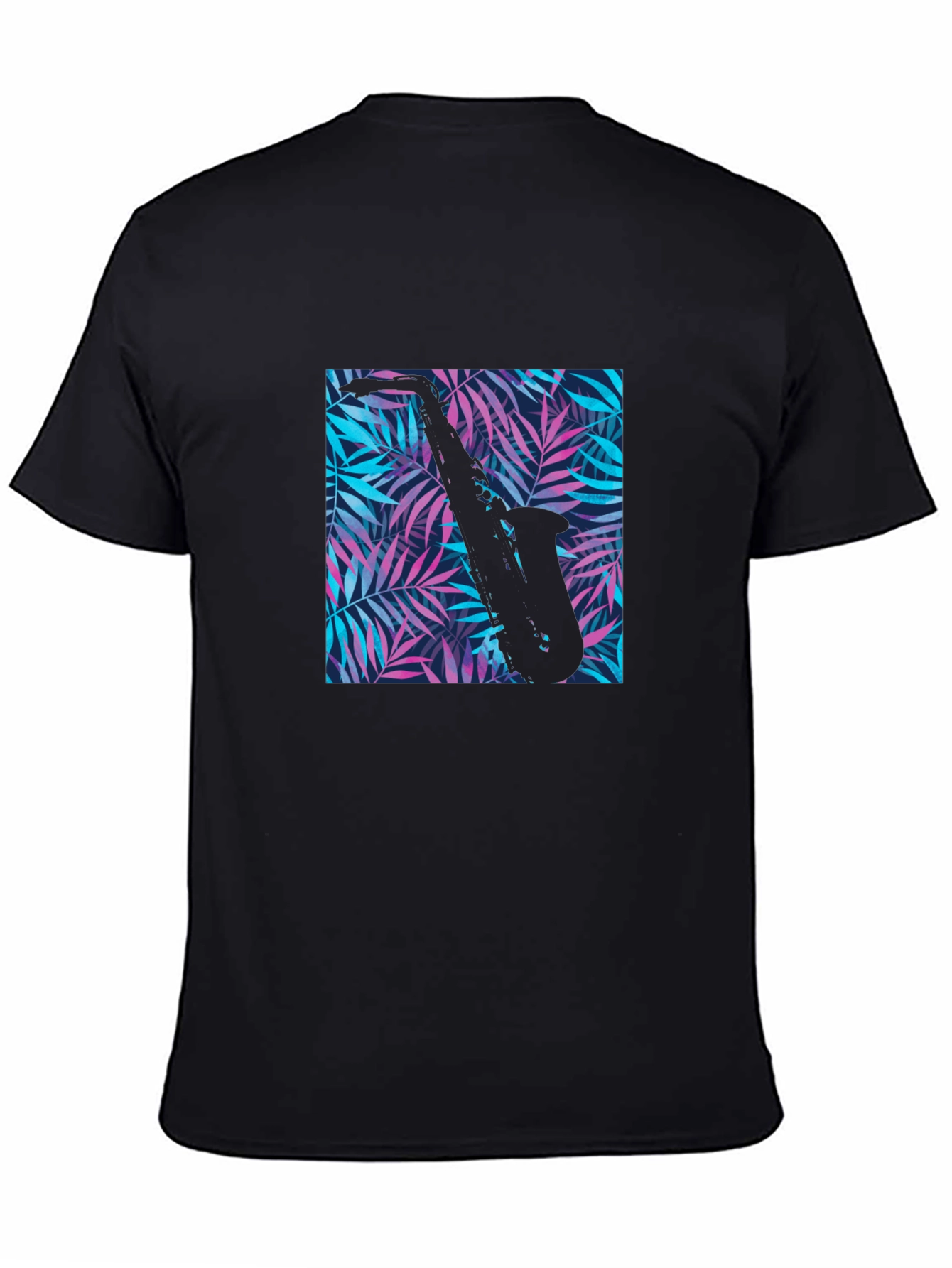 Black Tropical Saxophone Print Black T-Shirt view 4