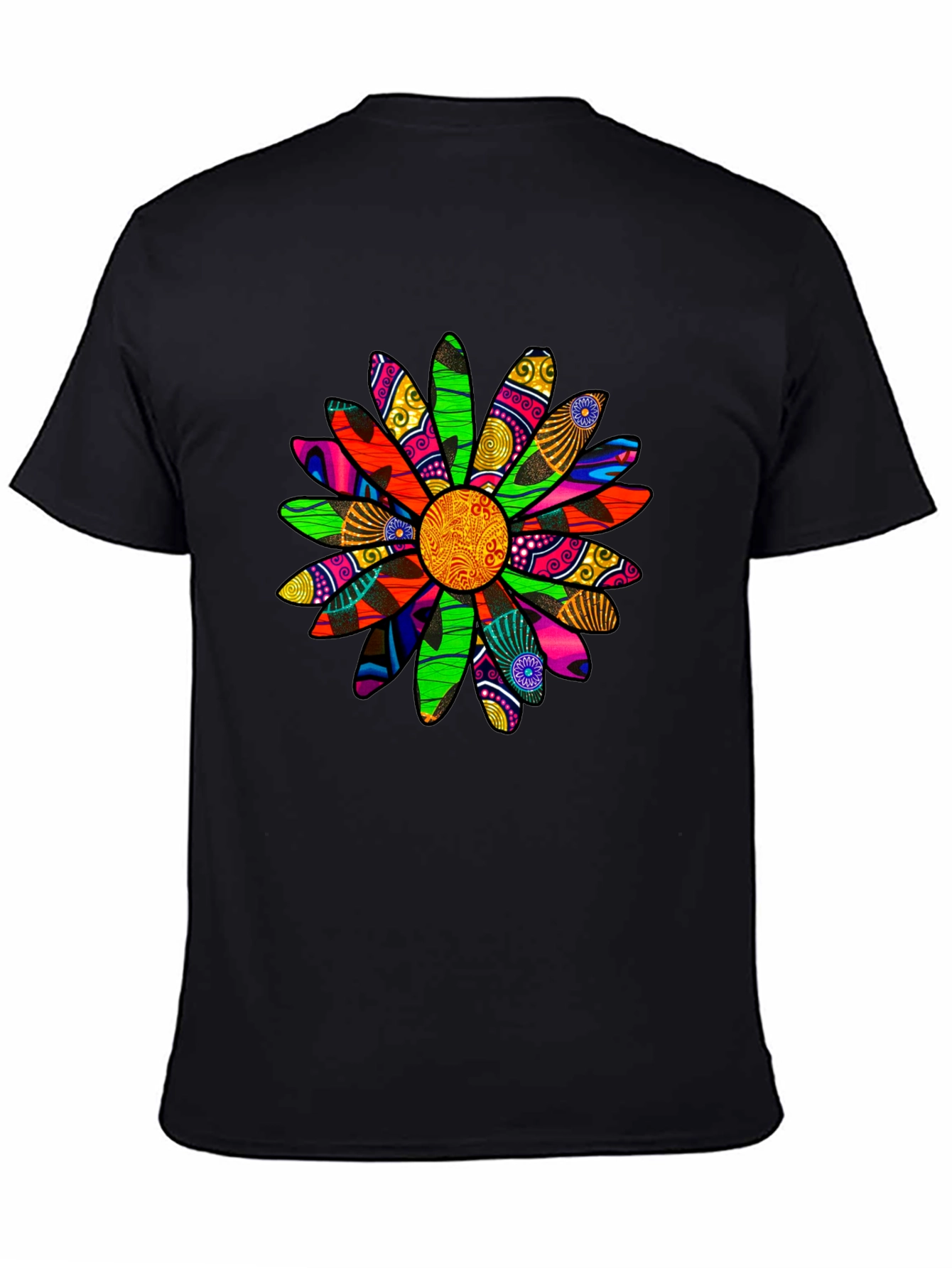 Black Vibrant Floral Graphic Tee - Unique Print Black T-Shirt view 4