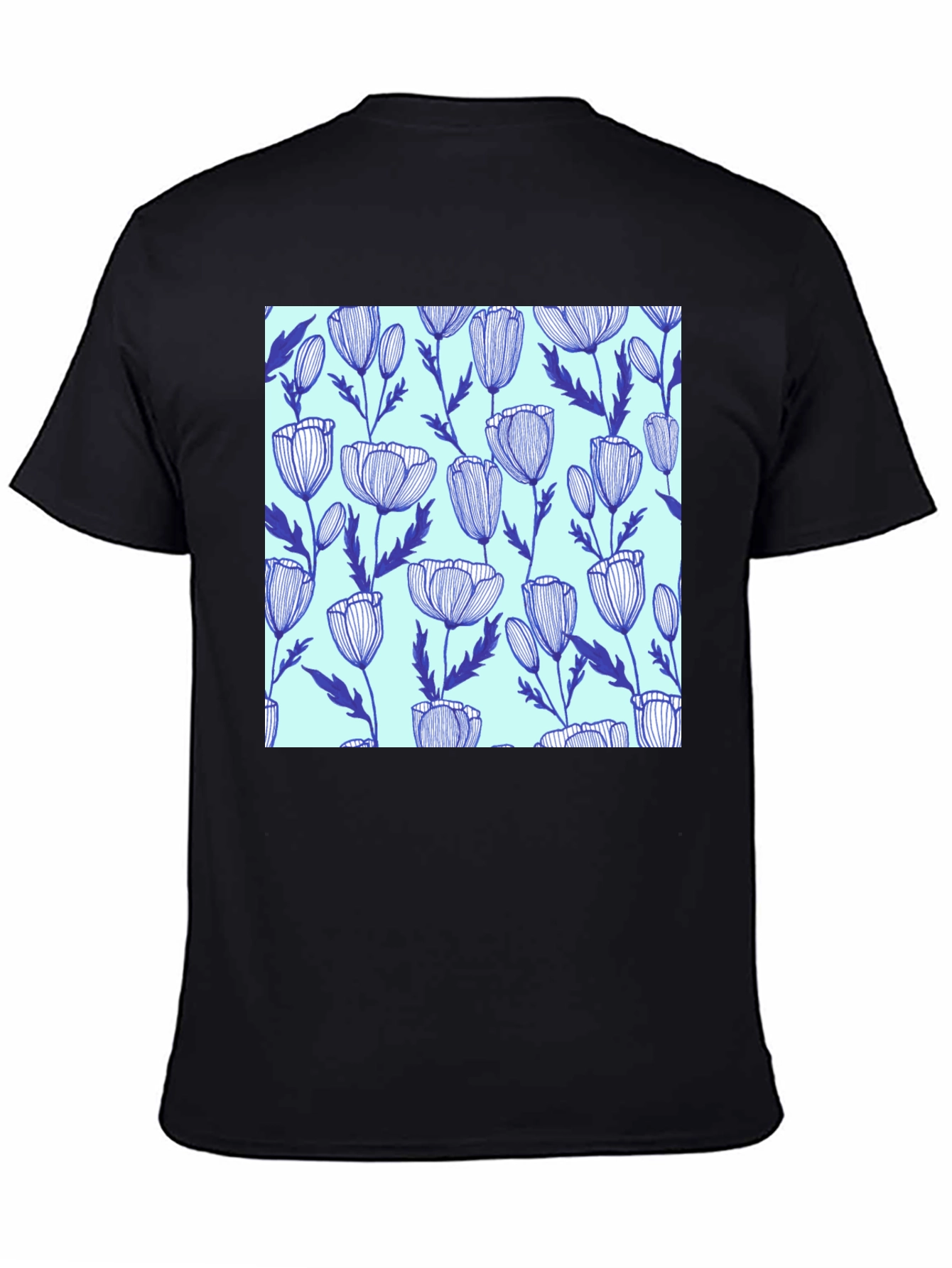 Black Floral Print Men's T-Shirt - Blue Poppies on Mint view 4