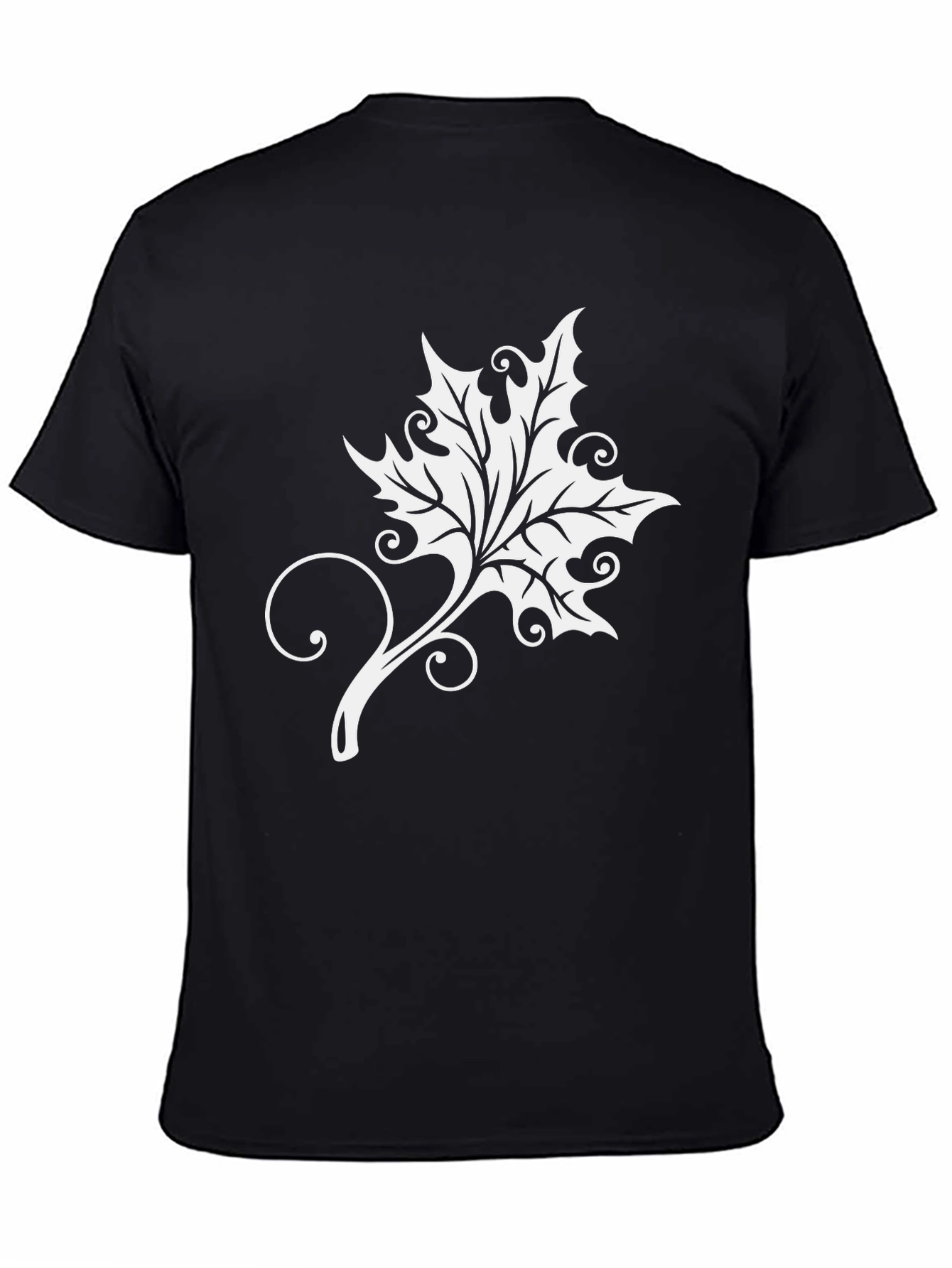 Black Elegant Leaf Graphic Tee - Soft Black Cotton Blend view 4