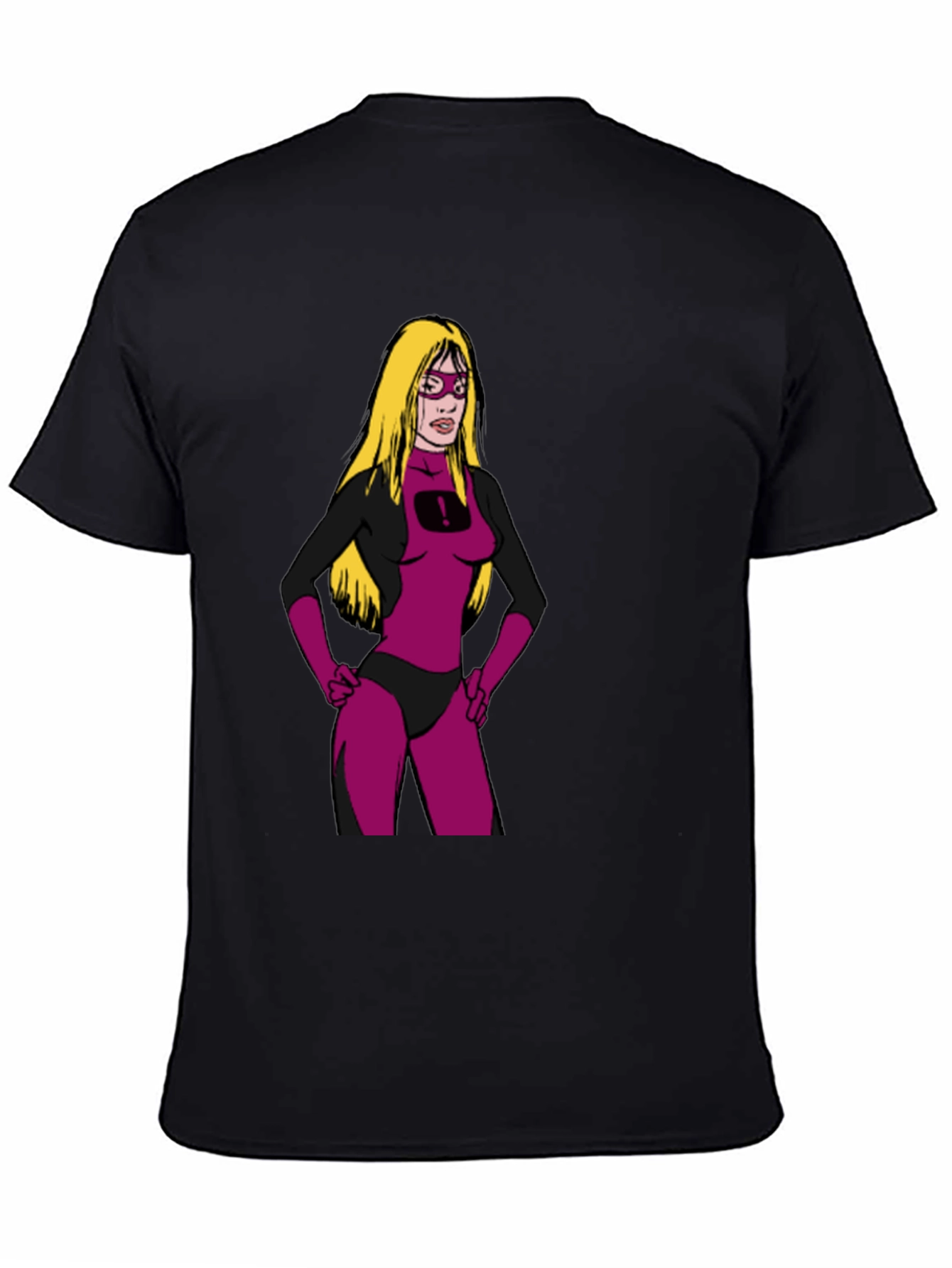 Black Cartoon Superheroine on Black T-Shirt view 4