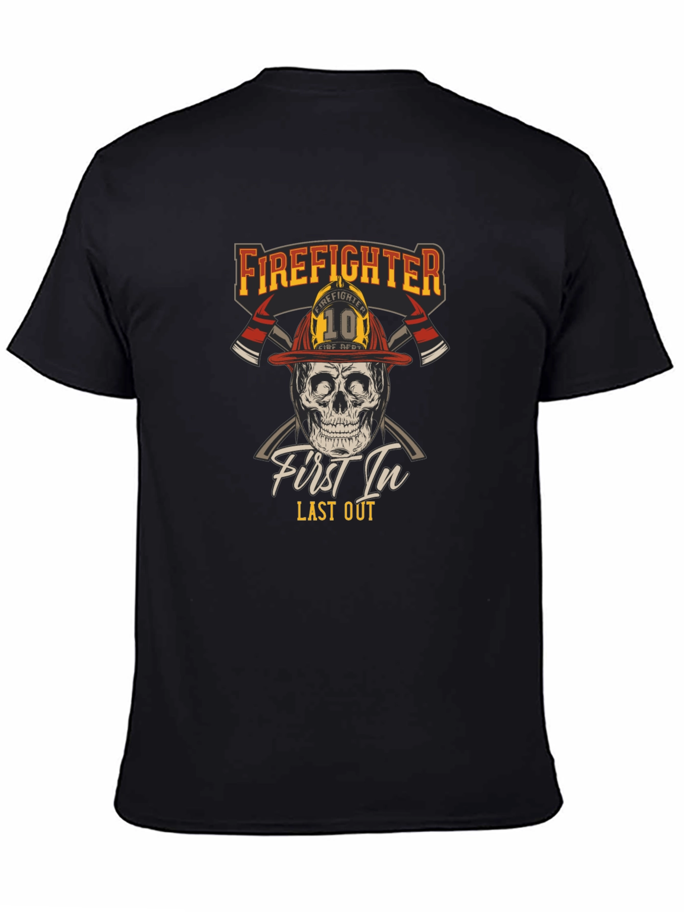 Black Firefighter Skull T-Shirt - First In Last Out Graphic Tee view 4