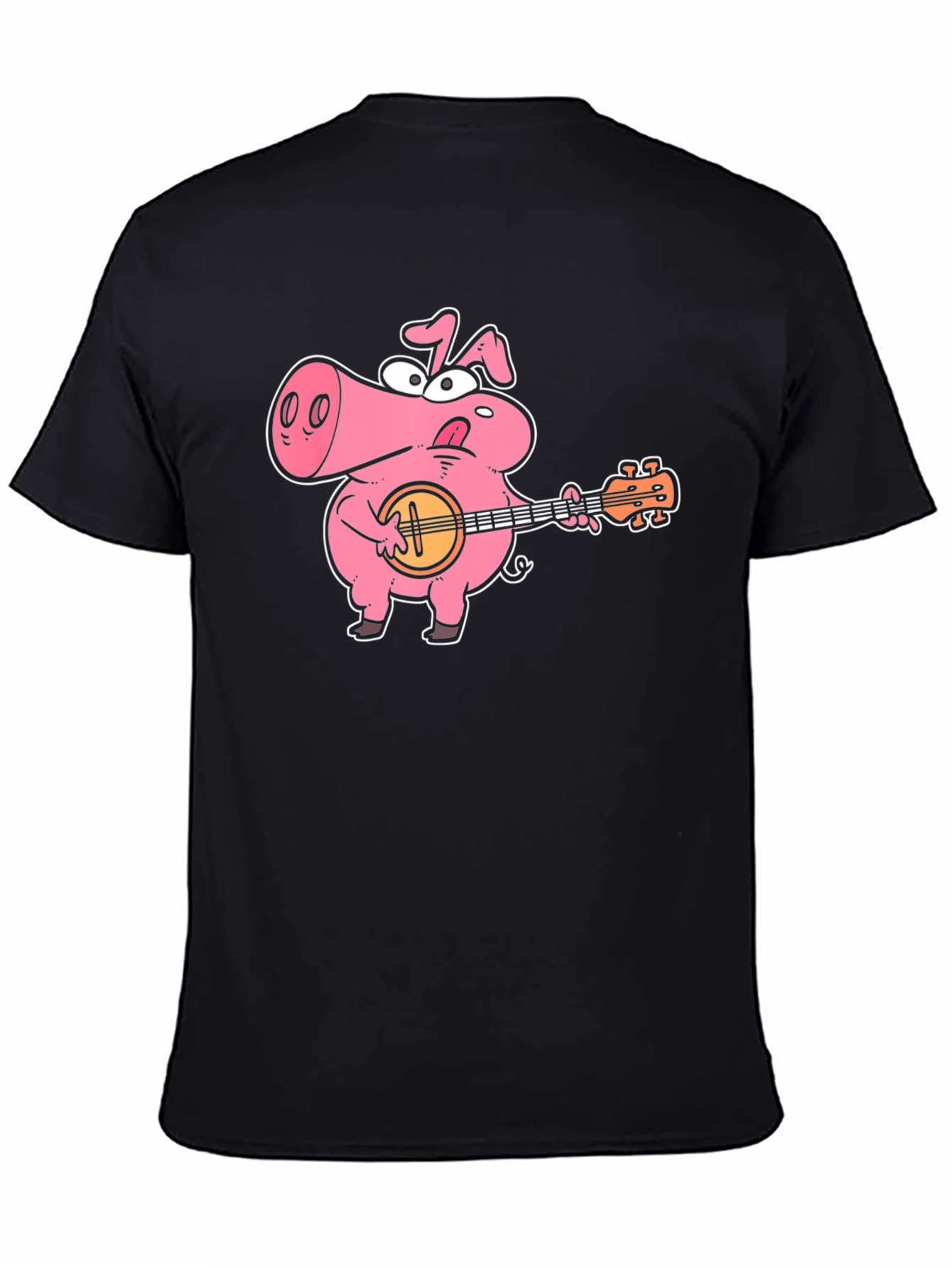 Black Pig Playing Banjo Graphic T-Shirt - Black Cotton Tee view 4