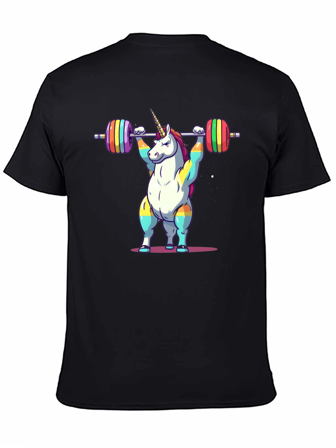 Black Unicorn Weightlifter T-Shirt - Rainbow Barbell Design view 4