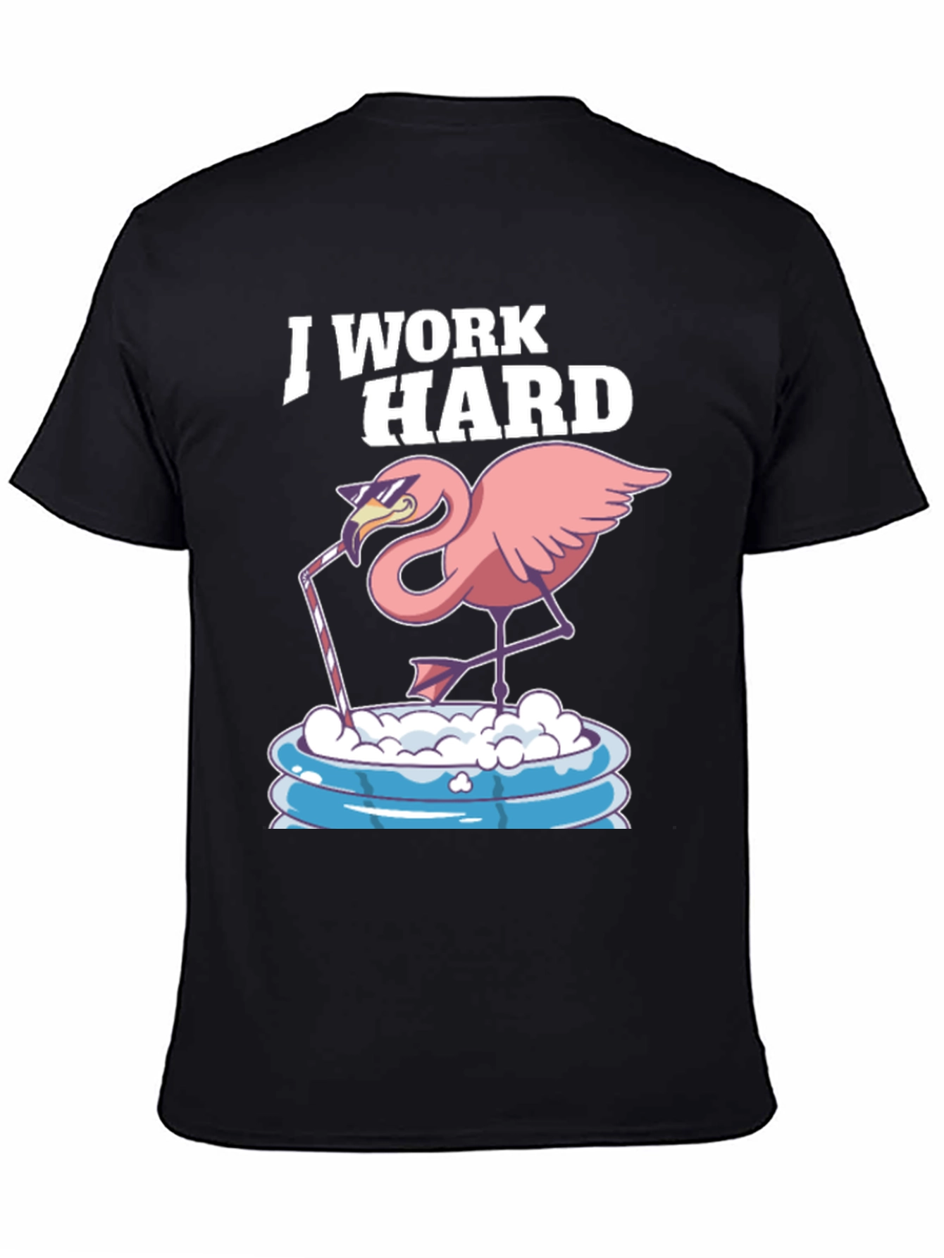 Black I Work Hard Flamingo T-Shirt - Relaxed Poolside Style view 4