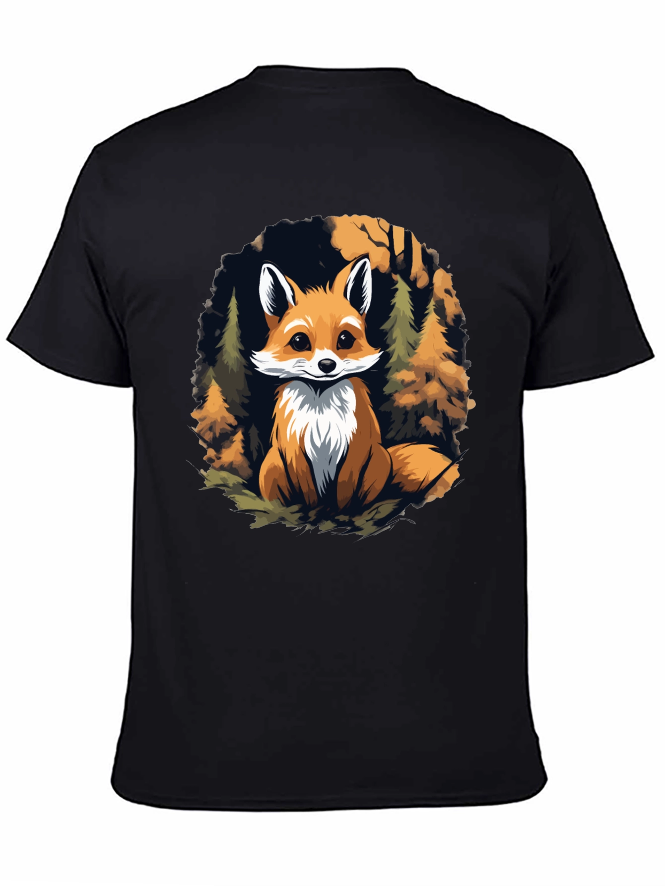 Black Fox in Forest Graphic Print Black T-Shirt view 4