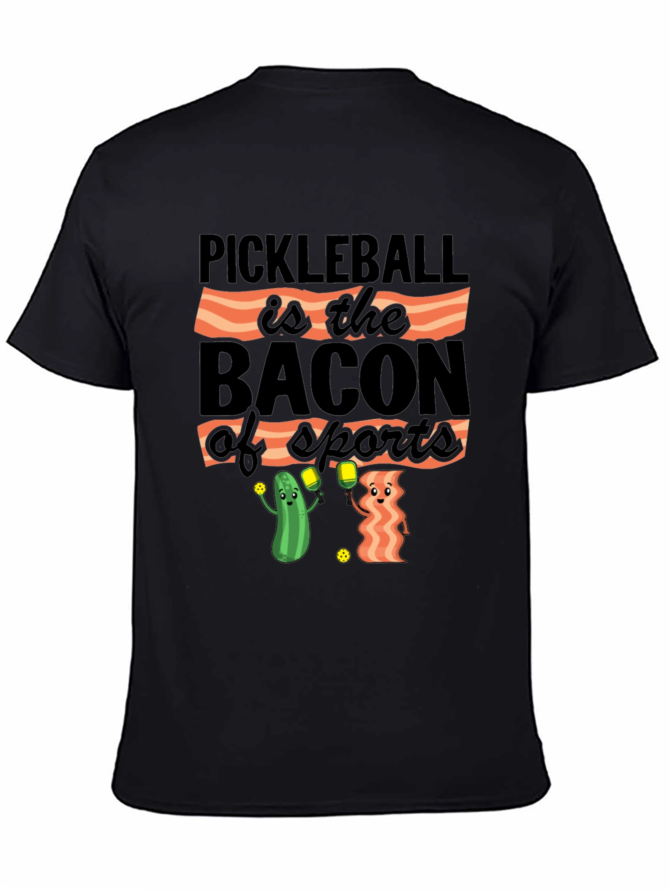 Black Pickleball & Bacon T-Shirt: Sports Humor Tee view 4