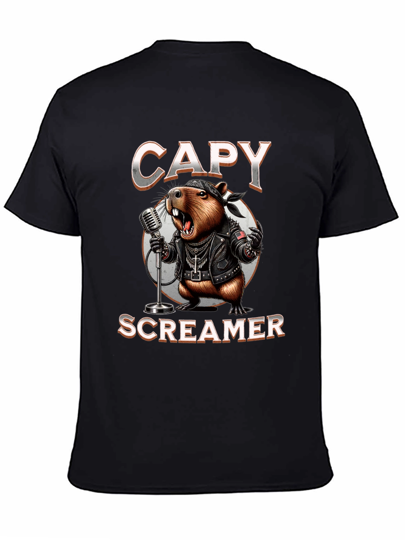 Black Capy Screamer T-Shirt - Rocker Capybara Design view 4