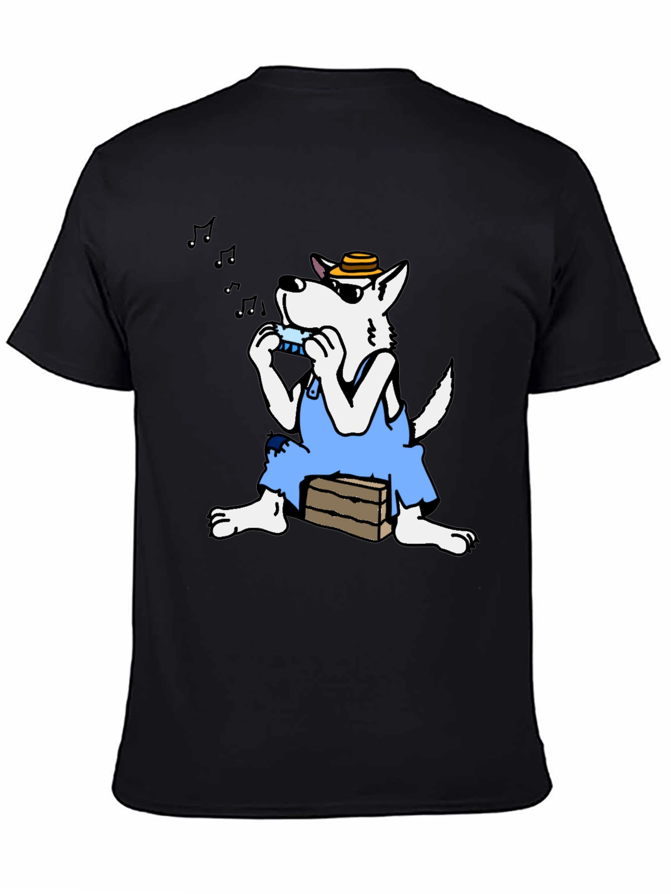 Black Cartoon Wolf Harmonica T-Shirt view 4