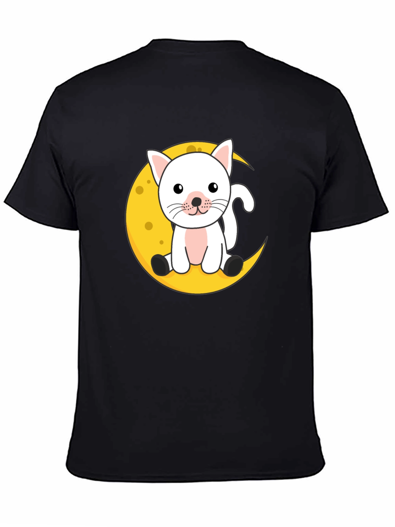 Black Cute Cat on Moon Graphic Black T-Shirt view 4
