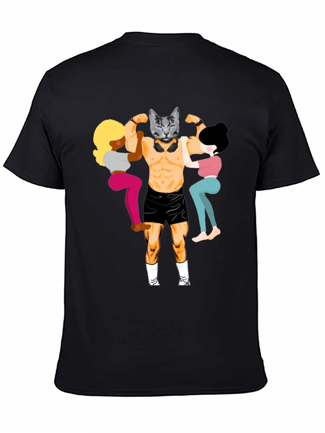 Black Funny Cat Bodybuilder Graphic Tee view 4