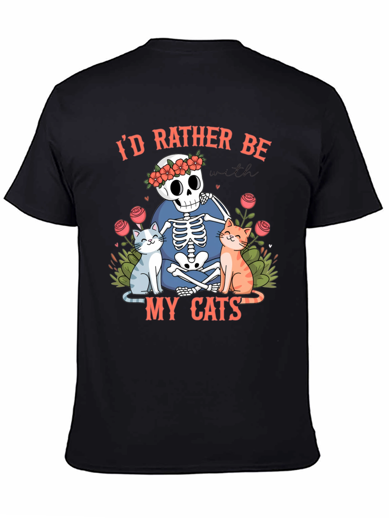 Black Skeleton & Cats Graphic Tee - "I'd Rather Be With My Cats" view 4